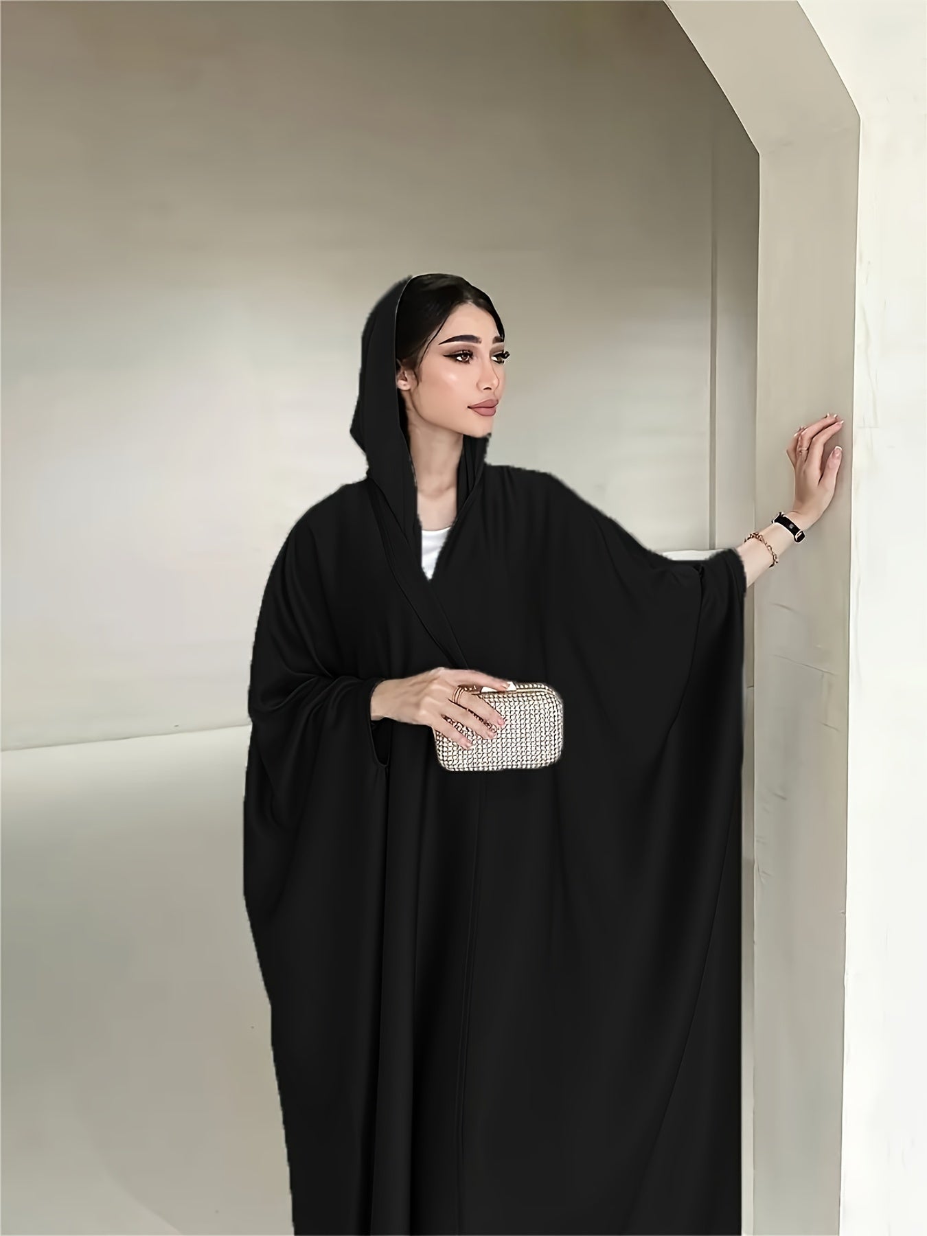 Open Front Hoodie Kaftan Dress, Elegant Long Batwing Sleeve Non-Stretch '/MH