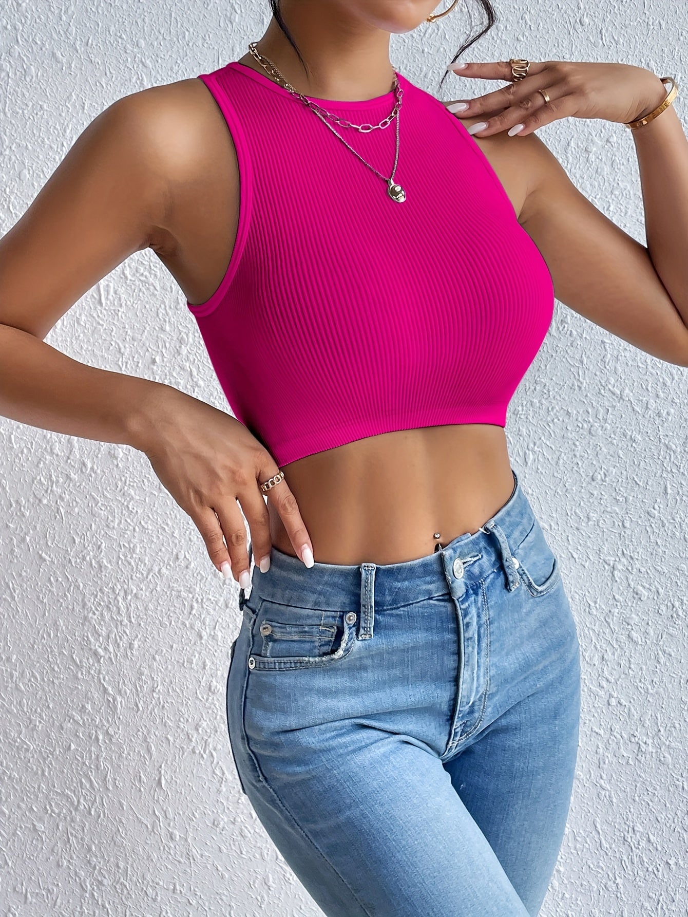 Solid Ribbed Crop Tank Top, Casual Sleeveless Basic Summer Top, Women's Clothing