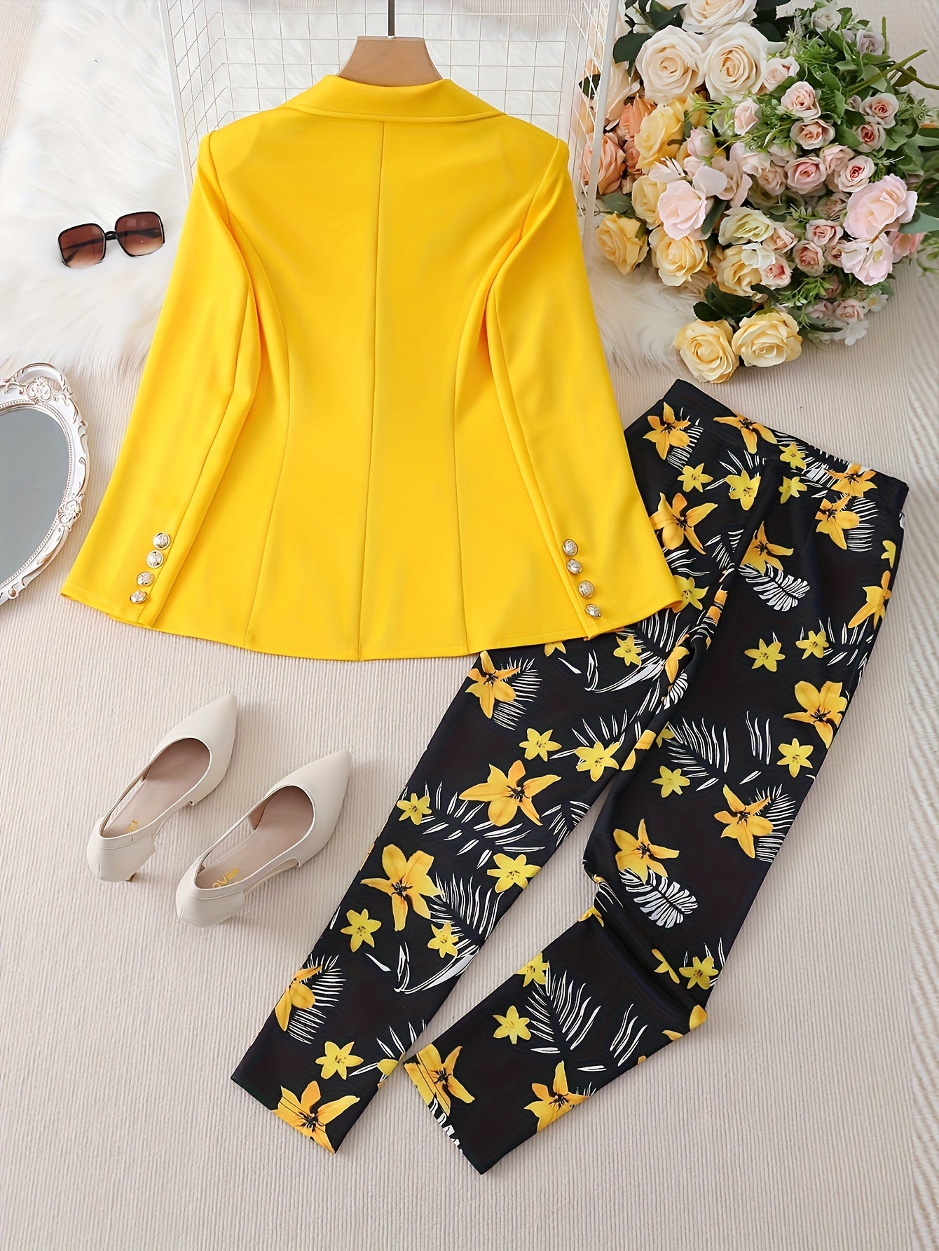 Elegant Floral Print Suit Set, Double-breasted Long Sleeve.