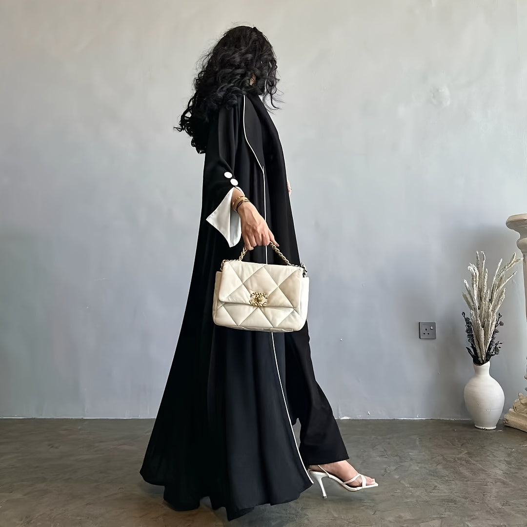 Contrast Trim Lapel Neck Abaya Dress, Elegant Open Front Long Sleeve ./ MH