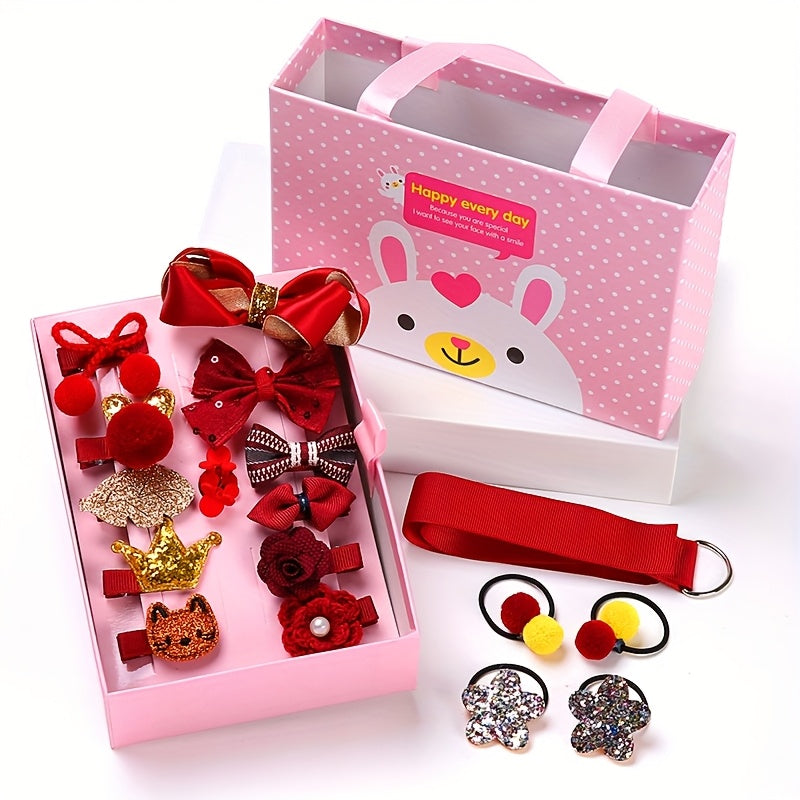 Deluxe Princess Hair Accessory Kit for Girls - Sparkling Rhinestone Clips, Cute Bow Ties & Elastic Bands with Pink Gift Box & Ribbon Hanger - Soft, Lightweight & Safe for and Youngsters, Hair Accessories for Girls