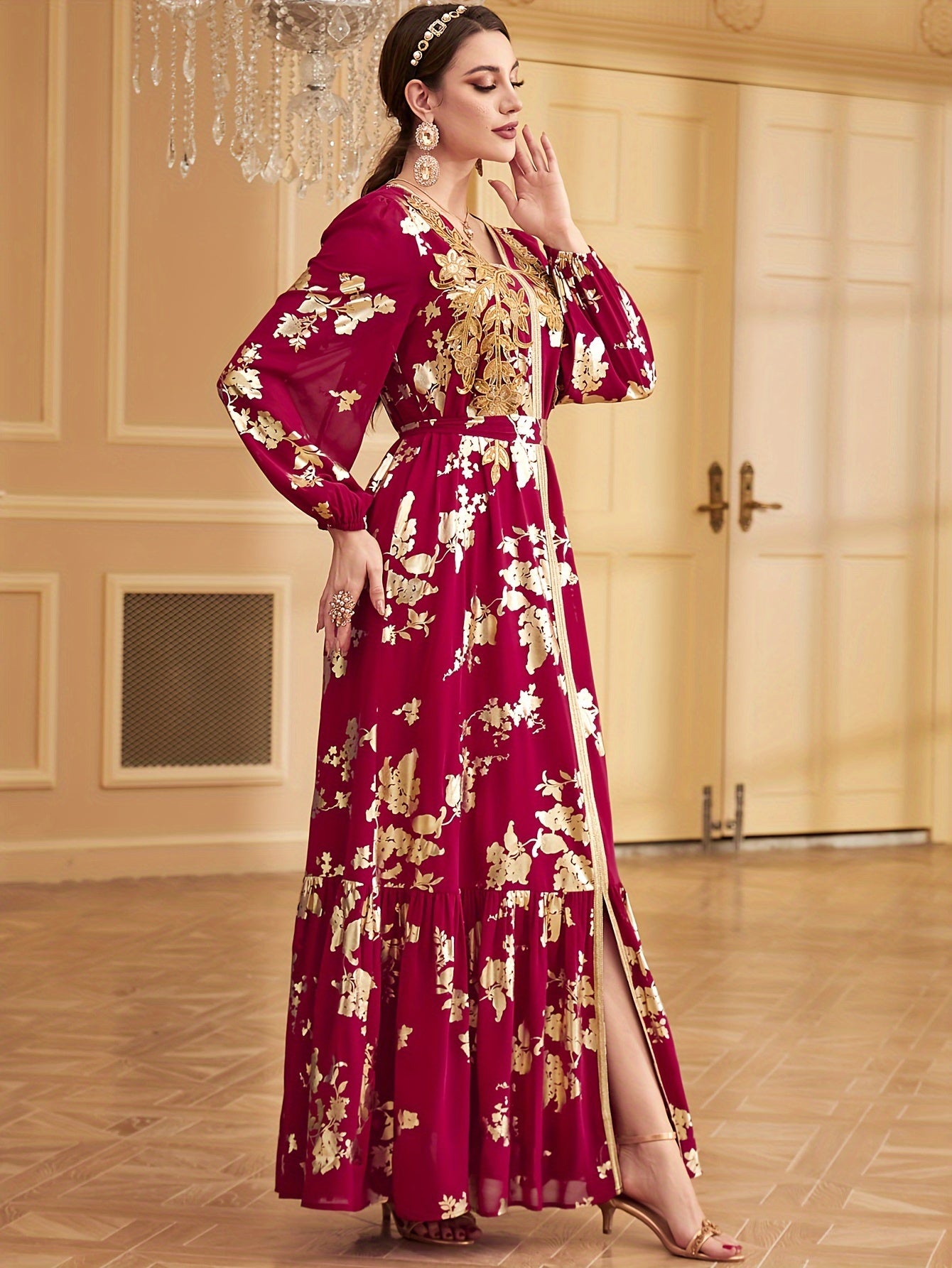 Bronzing V-neck Kaftan Dress, Elegant Long Sleeve 'MH