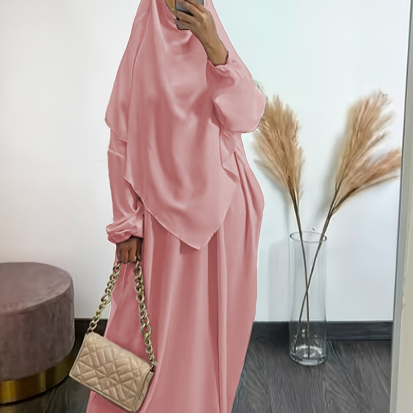 Solid Color Simple Modest Dress, Elegant Long Sleeve Maxi Dress With Hijab, /MH