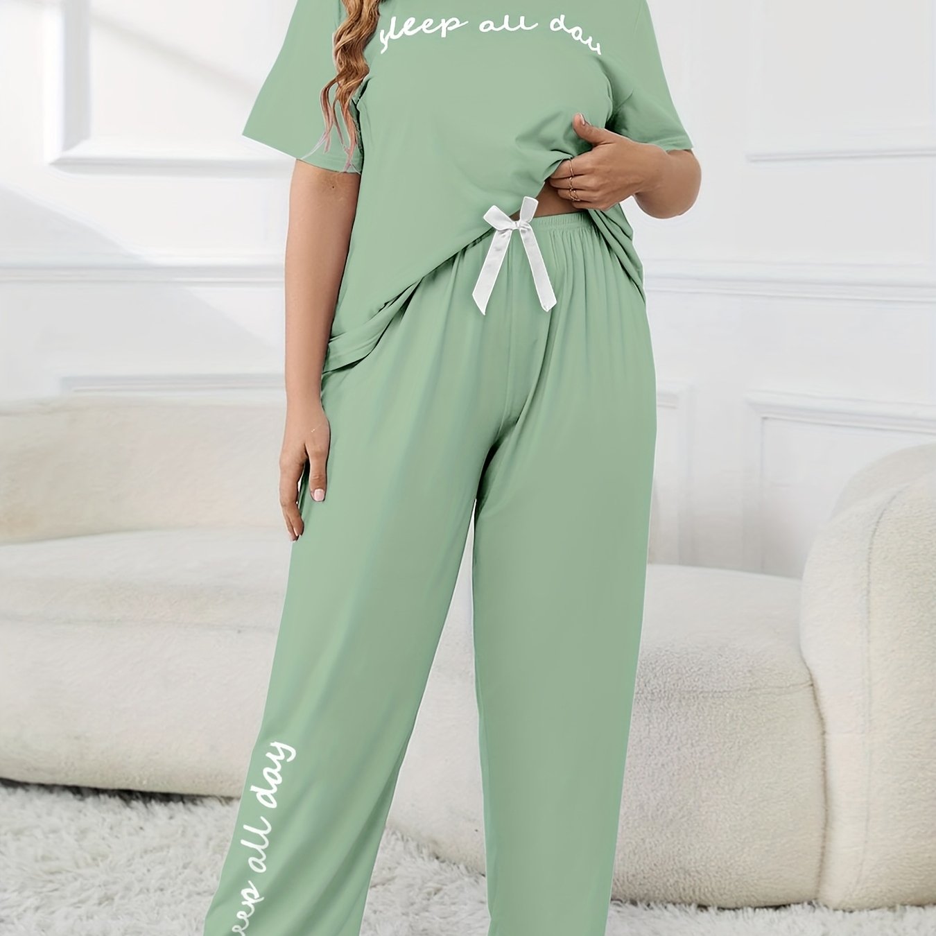 Plus Size Women's Cute Pajama Set, Plus Size Letter Print Short Sleeve Top and Pants Casual 2pcs, Plus Size Pajama Sets