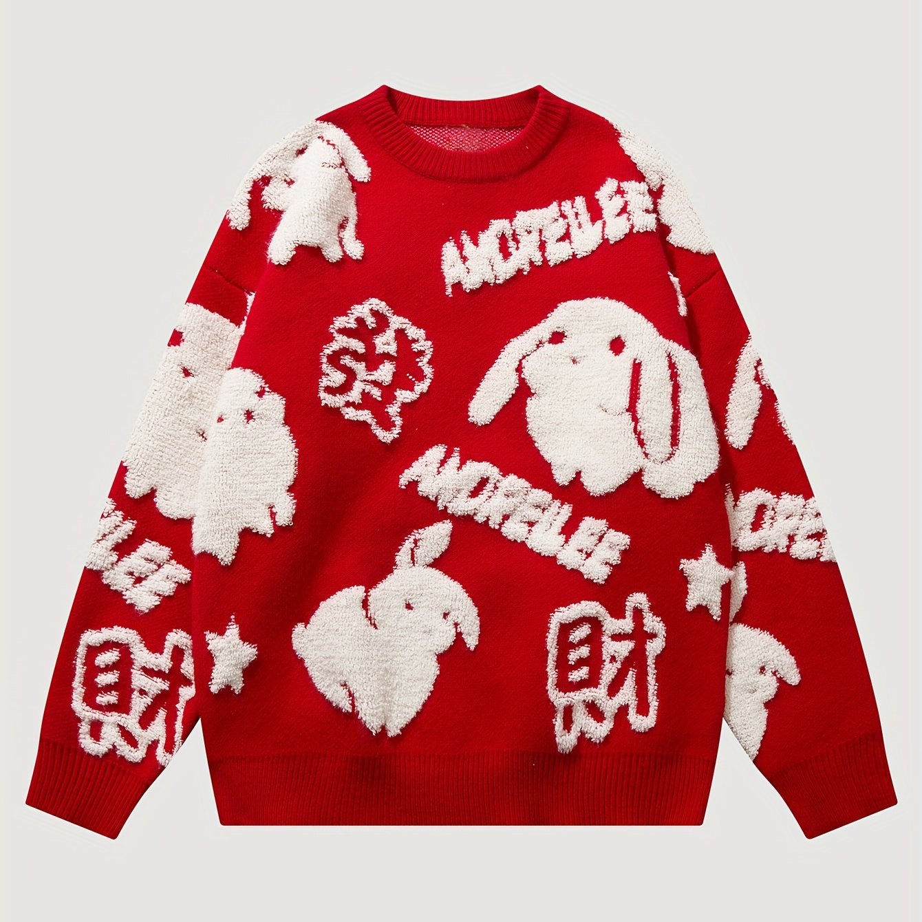 YWFG Cute Knitted Cute Rabbit & Wealth Chenille Embroidery Sweater,