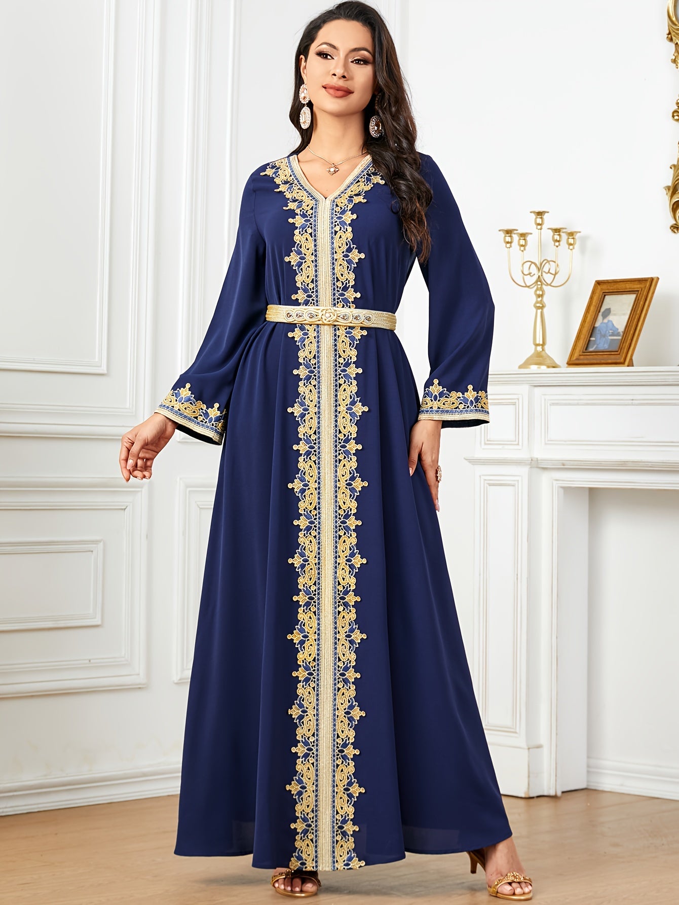 Contrast Lace V-neck Kaftan Dress, Elegant Long Sleeve'/MH
