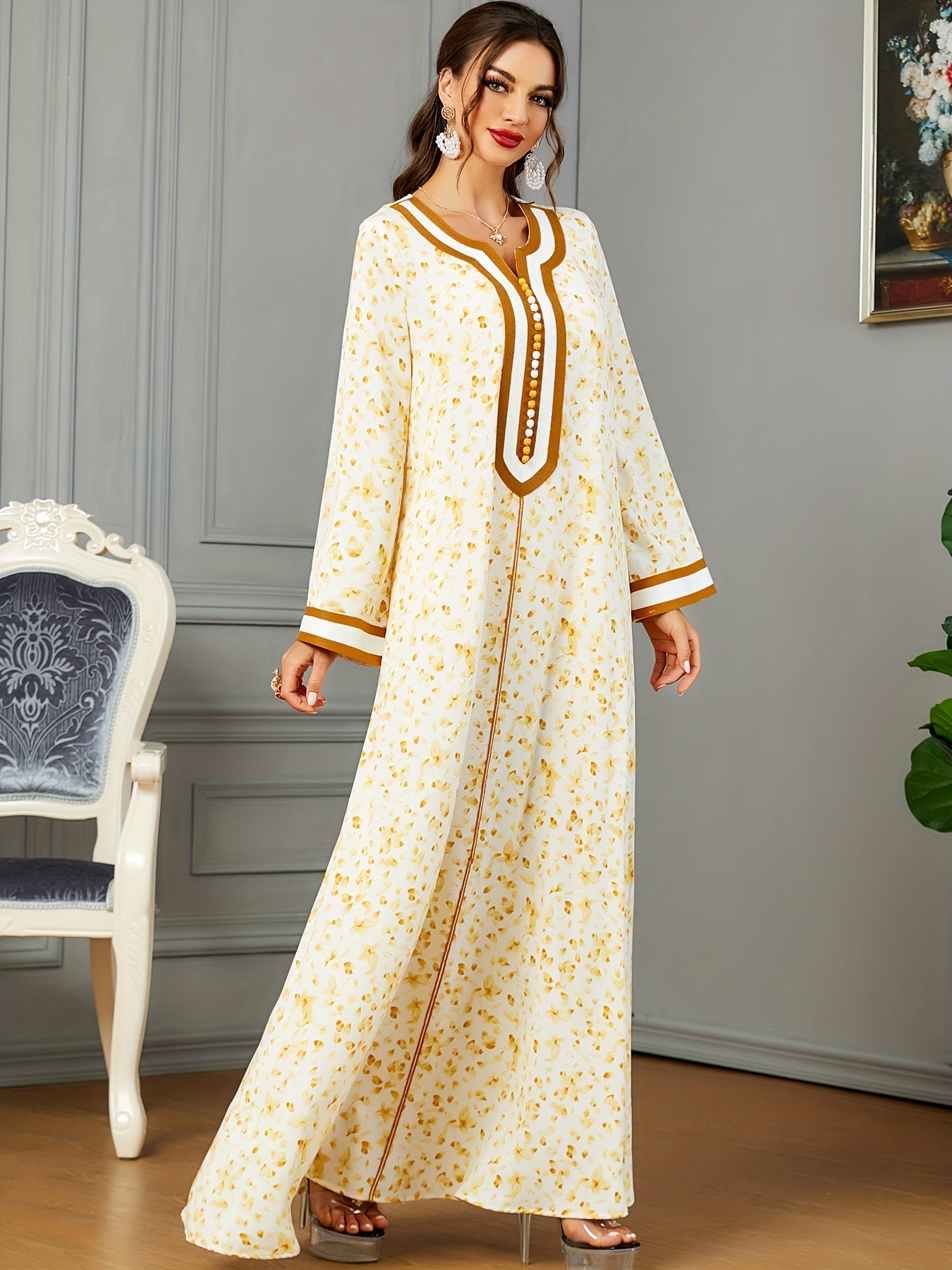 Floral Print Notch Neck Kaftan, Elegant Long Sleeve Maxi women fashion ;/MH