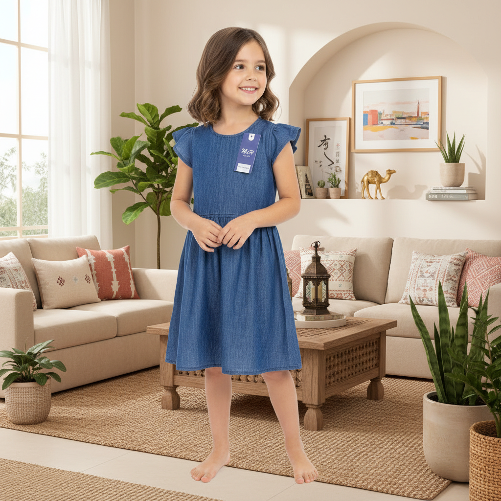 Girls Soft Denim Knee-Length Dress – Lightweight Flutter Sleeve Summer Outfit | Sizes (1-6Years) MH