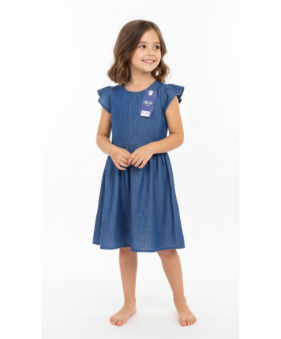 Girls Soft Denim Knee-Length Dress – Lightweight Flutter Sleeve Summer Outfit | MH
