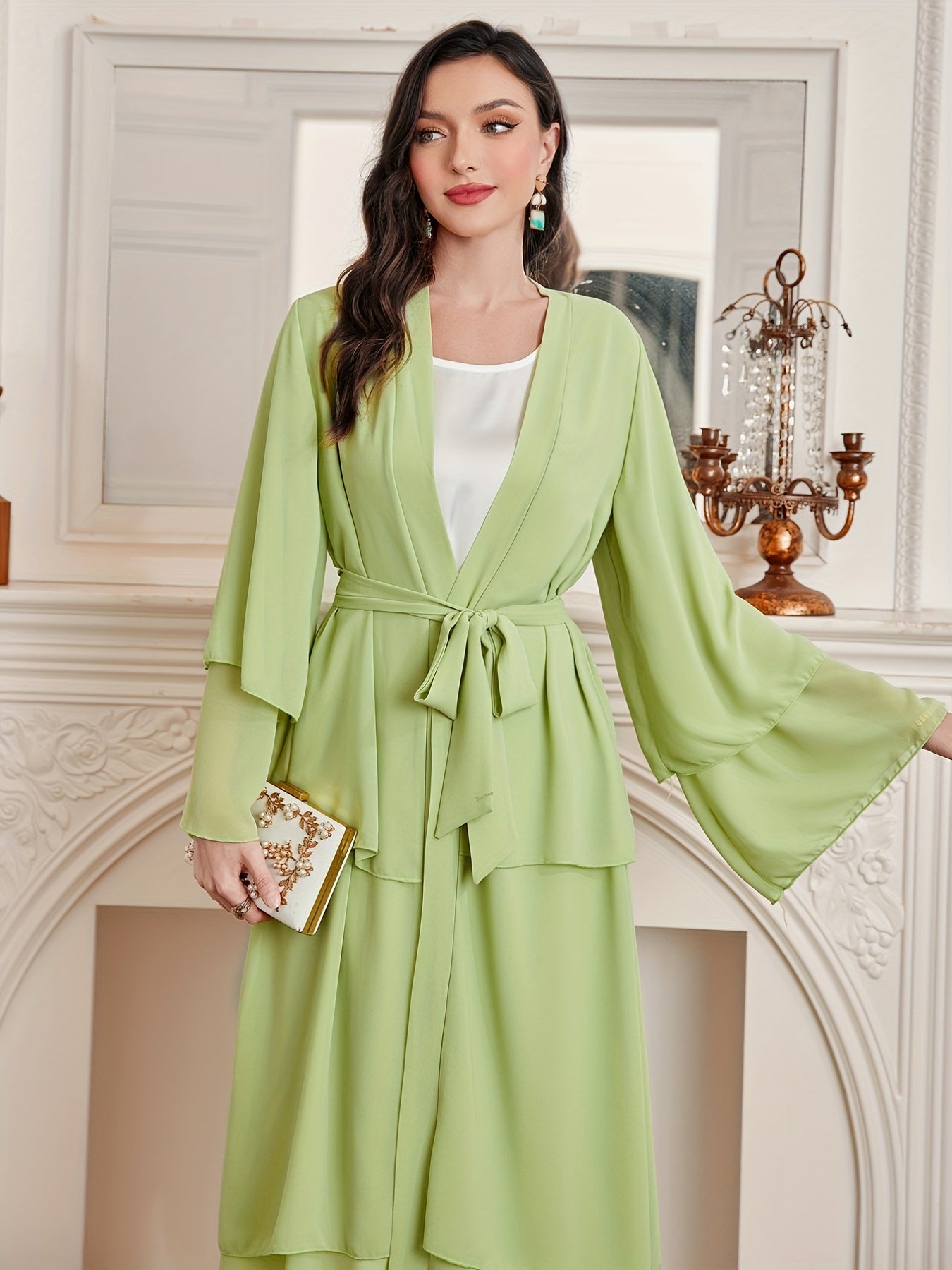 Layered Open Front Modest Dress, Long Sleeve Muslim Dress'/MH