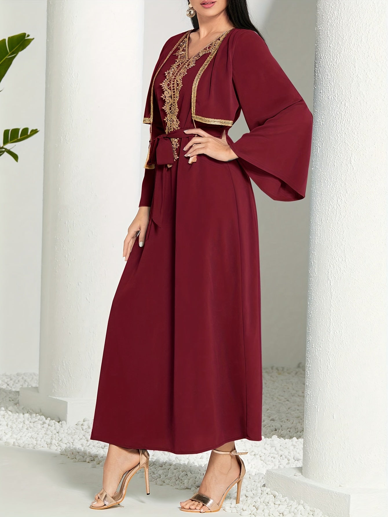 2 In 1 Lace Trim V-neck Kaftan Dress, /MH
