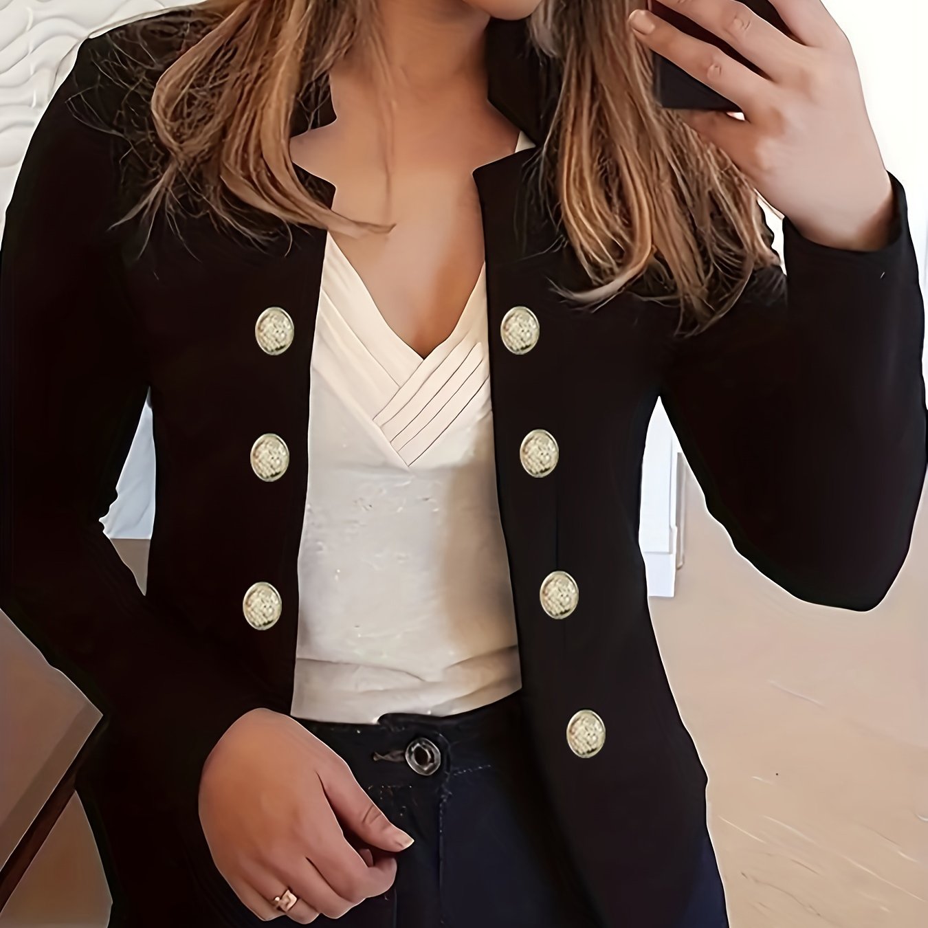 Button Decor Open Front Blazer, Casual Long Sleeve.