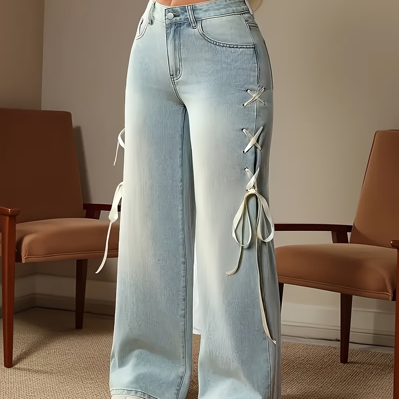 Side Bow Tie Straight-Leg Casual Jeans for Women