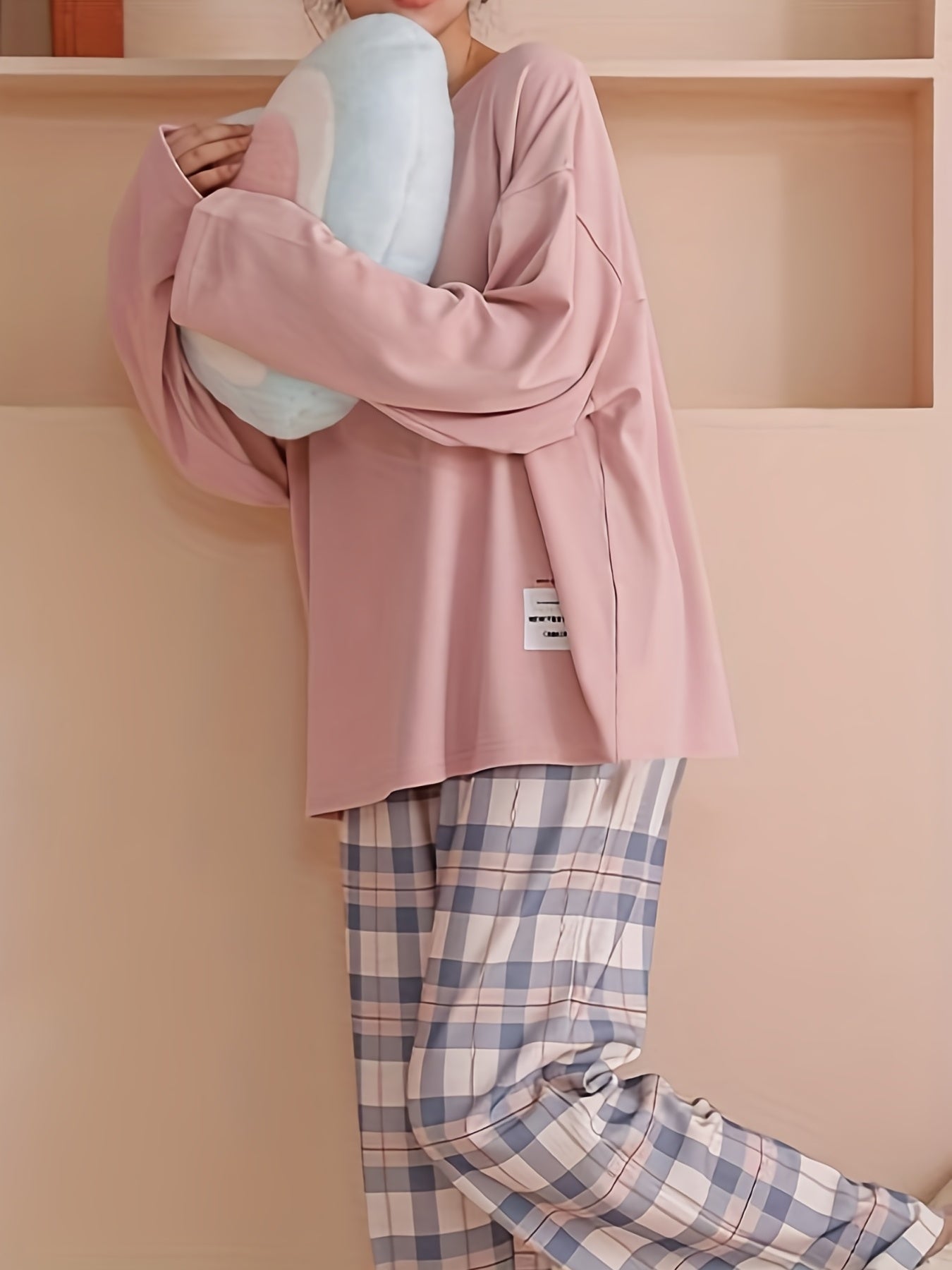 Plaid Print Crew Neck Pajamas Set,