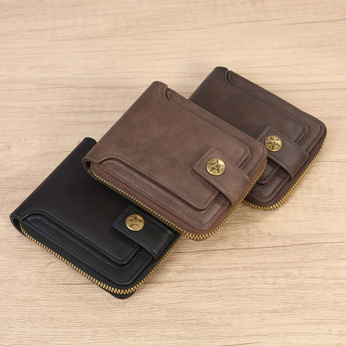 1pc Men's PU Leather Solid Color Business Wallet, Card Holder With Zipper & Button, Valentine's Day Gift For Men
