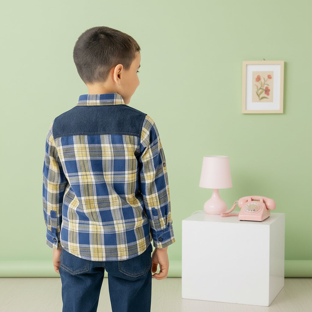 Boys’ Checkered Multi-Color Long Sleeve Button Up Shirt Plaid Contrast Shoulders | Sizes 2-12Years | MH
