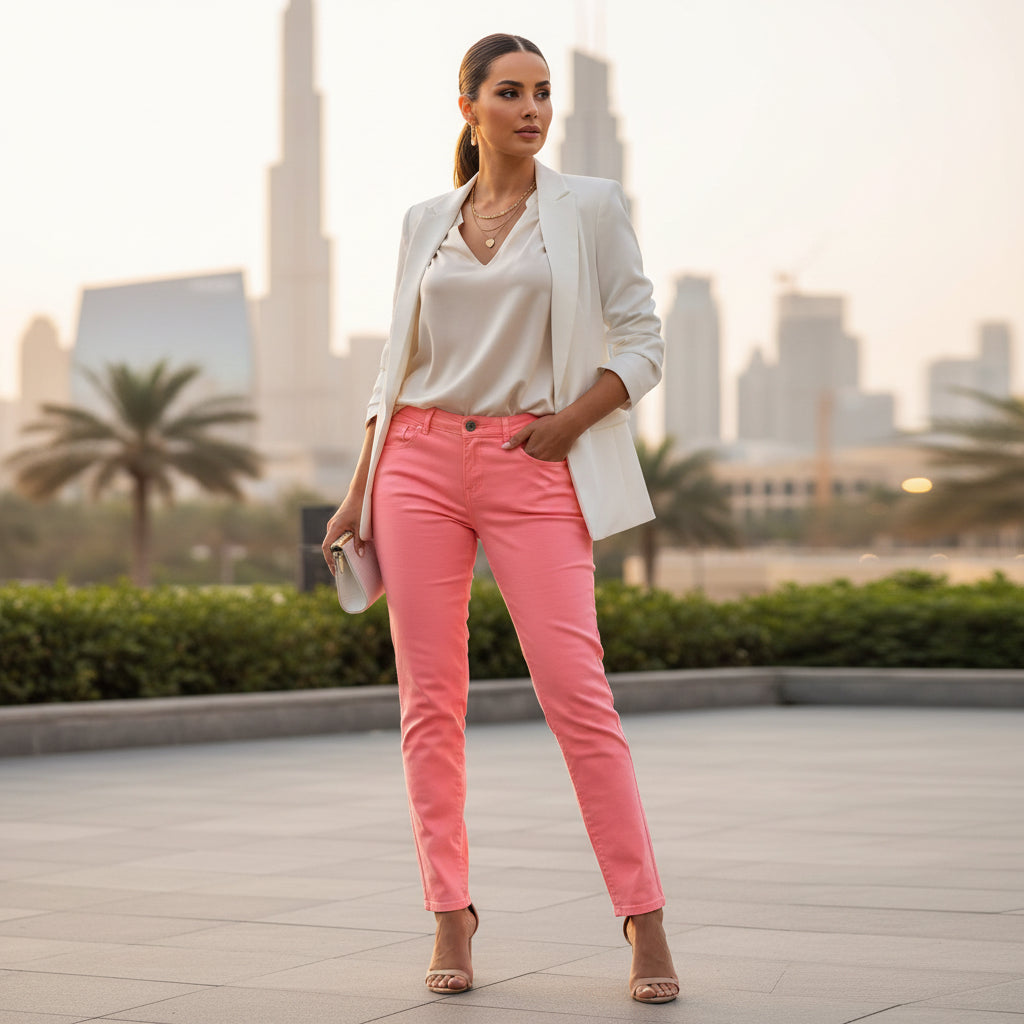 Women’s Colored Skinny Stretch Pants - High Waist Slim Fit Trousers in Pink, Beige & Blue | Waist 26” to 36” Sizes | MH