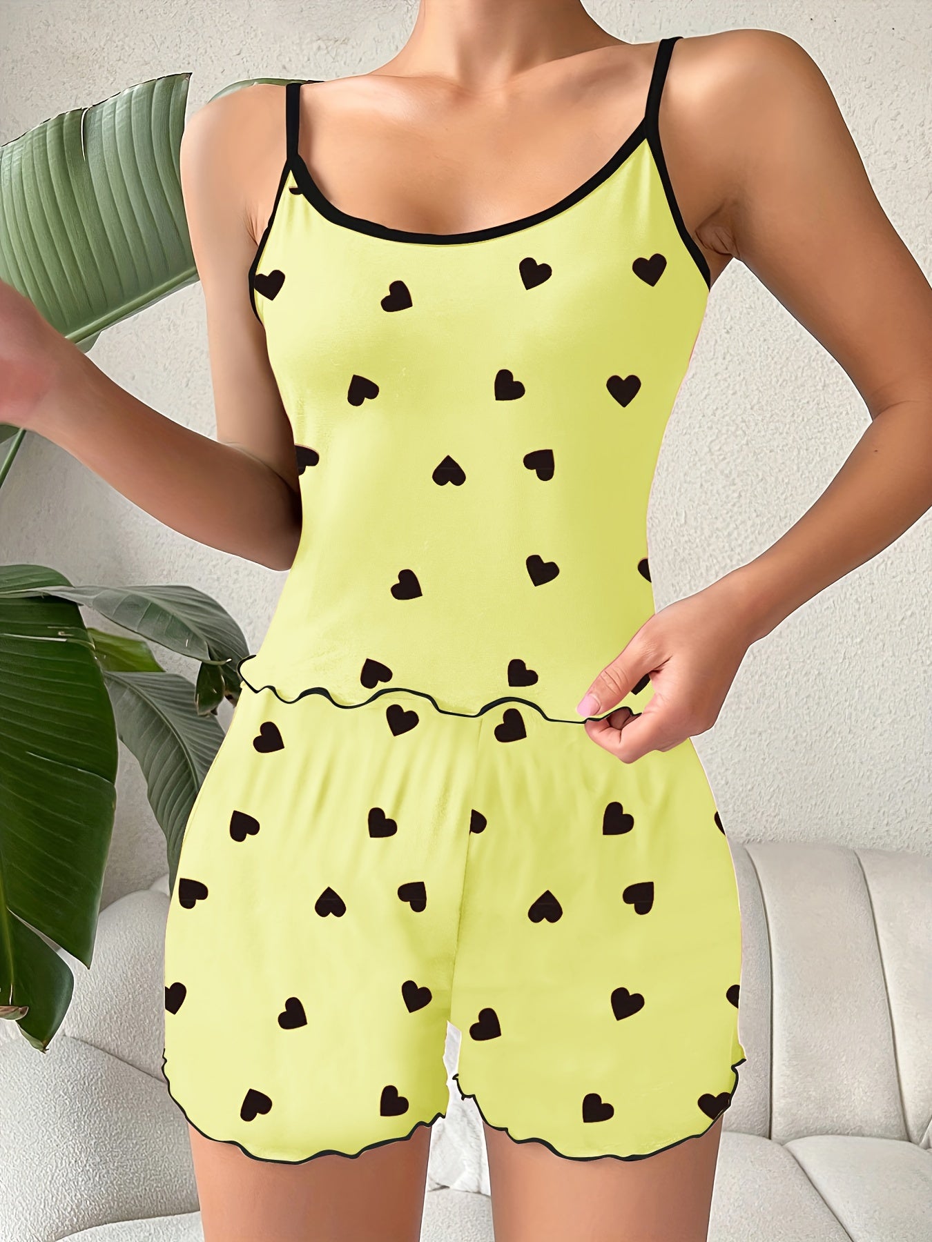 Heart Print Pajama Set, Scoop Neck Cami Top,