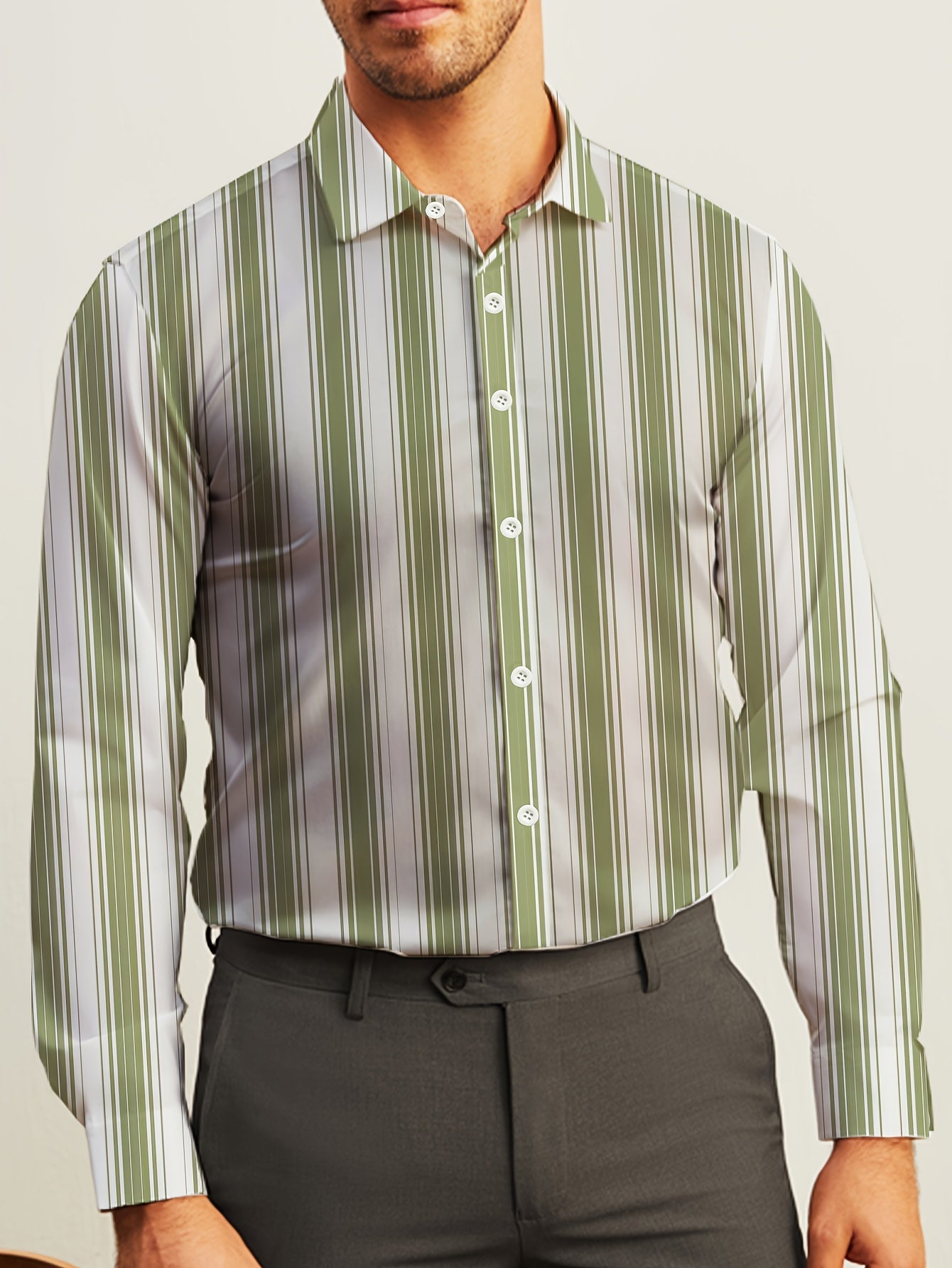Men's Striped Lapel Collar Dress Shirts, Long Sleeve .