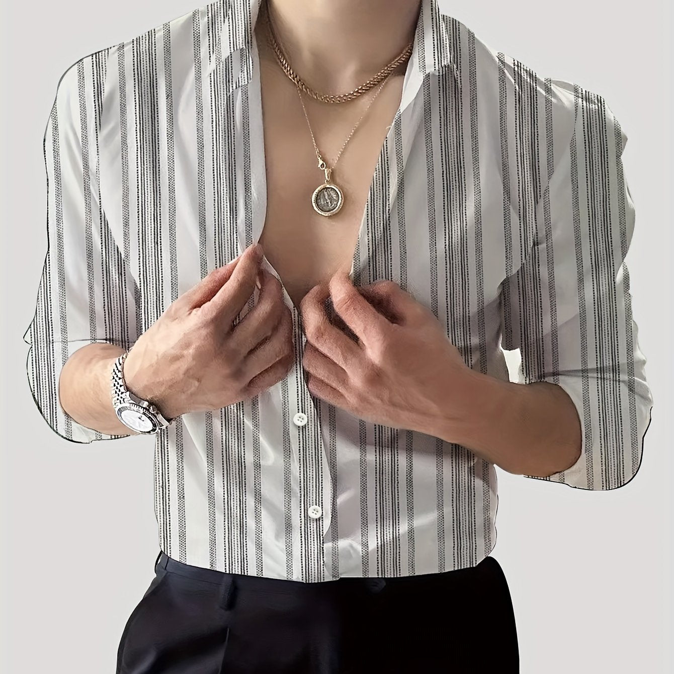 Men's Striped Lapel Collar Dress Shirts, Long Sleeve .