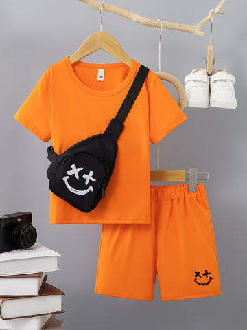3pcs Boys Casual Solid Short Sleeve T-shirt & Smile Face Print Shorts.