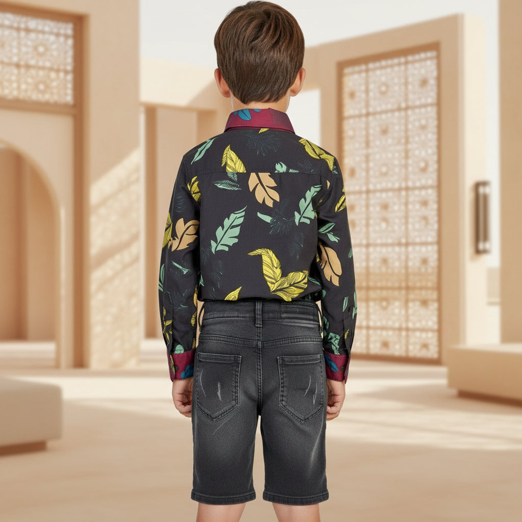 Stylish Printed Button-Up Shirt with Denim Shorts Kids Outfit Set |MH Size (1-12Years)