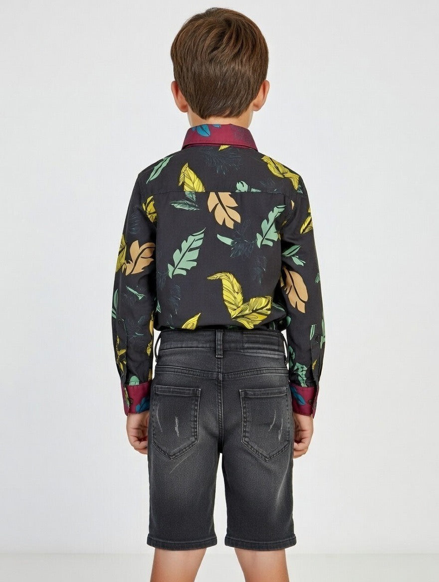 Stylish Printed Button-Up Shirt with Denim Shorts Kids Outfit Set |MH Size (1-12Years)