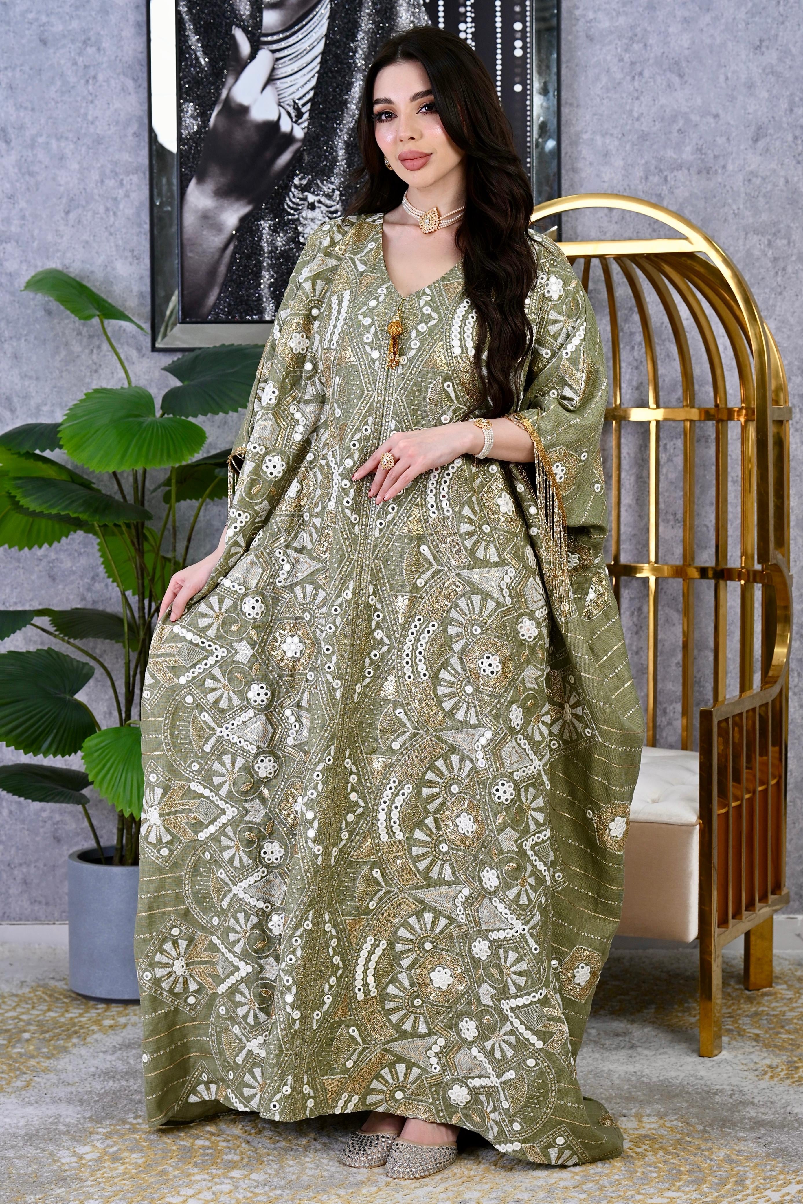 Embroidered Butterfly Kaftan with Tassel Sleeves | 4 Colors | Luxury Free Size Dress for Eid UAE | MH