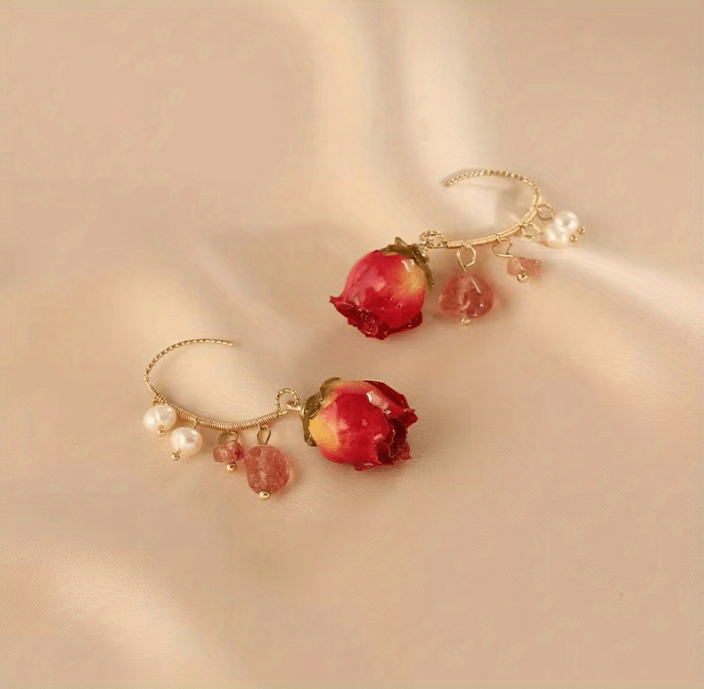 Delicate Eternal Rose Flower Earrings - Copper Jewelry with Faux Pearl Decor, Pastoral Elegant Style, Exquisite Gift for Women, Hypoallergenic, Nickel-Free, Durable, and Long-Lasting