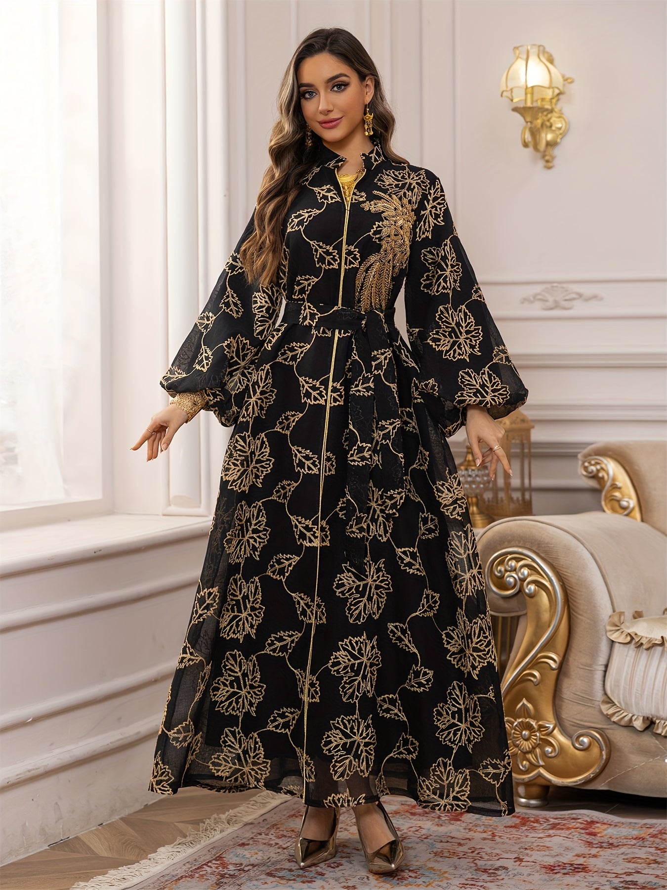 Dubai Floral Embroidery Belted Dress Belt included Lantern Sleeve/MH