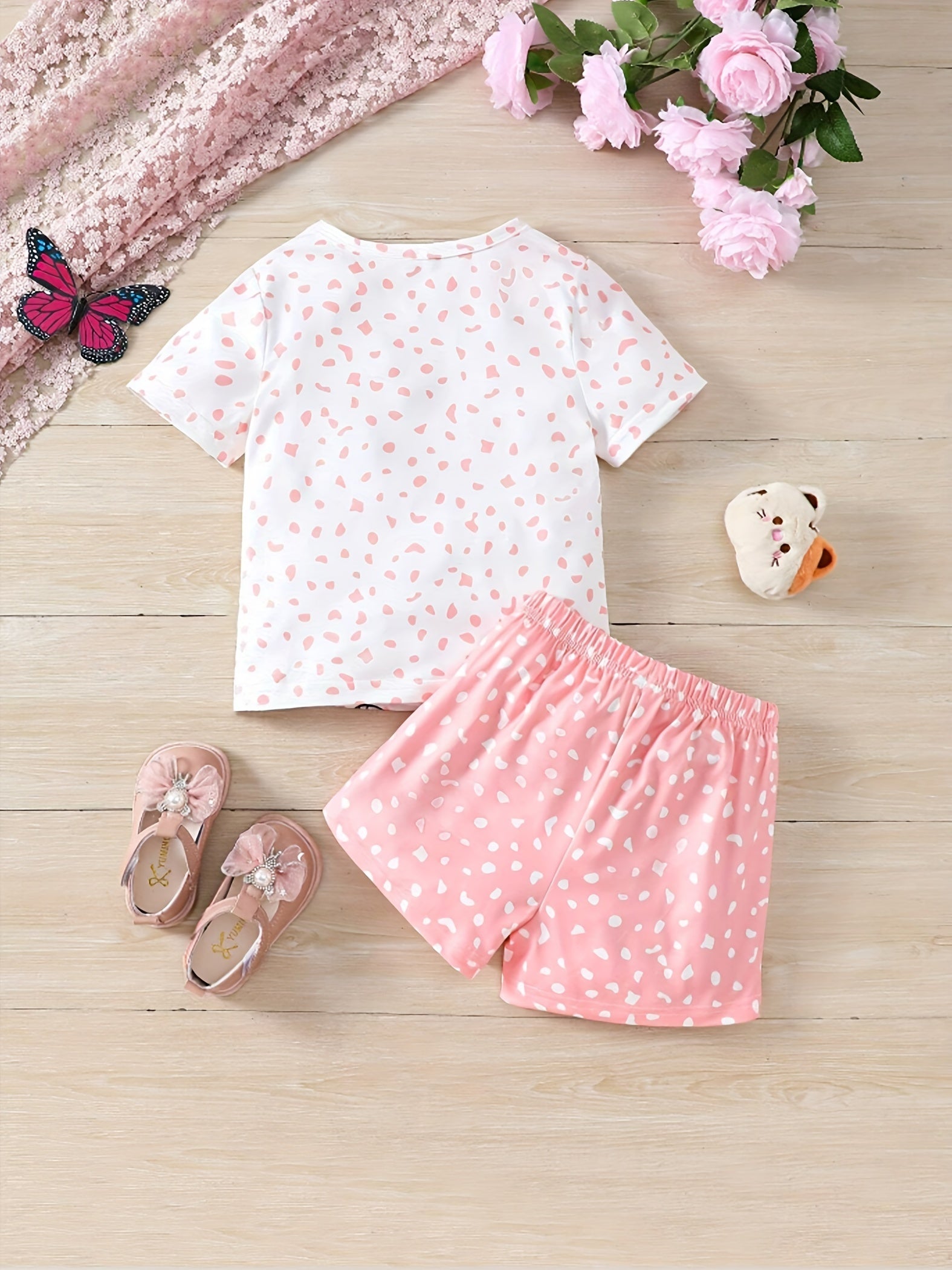2pcs Girls Cute Underwear Sets, Cute Kitten Print Short Shirts & Shorts,