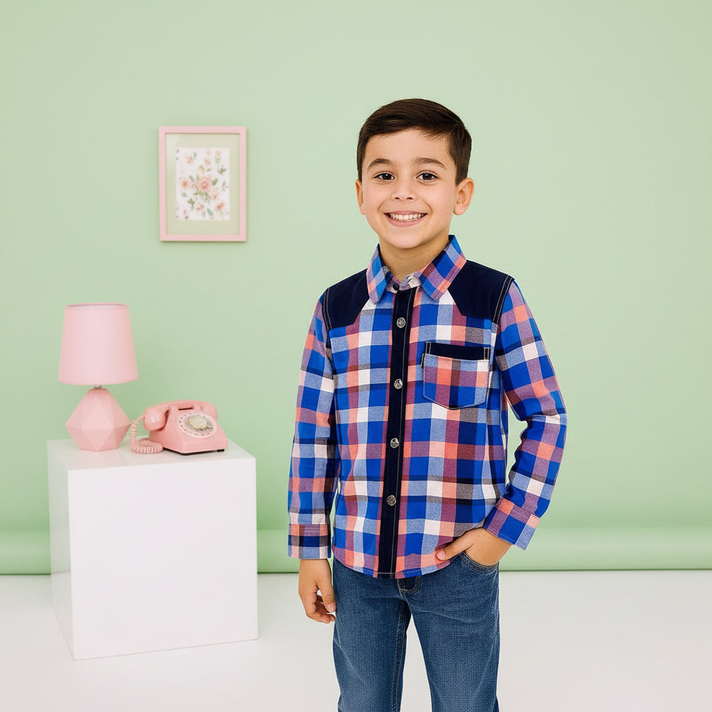 Boys’ Checkered Multi-Color Long Sleeve Button Up Shirt Plaid Contrast Shoulders | Sizes 2-12Years | MH