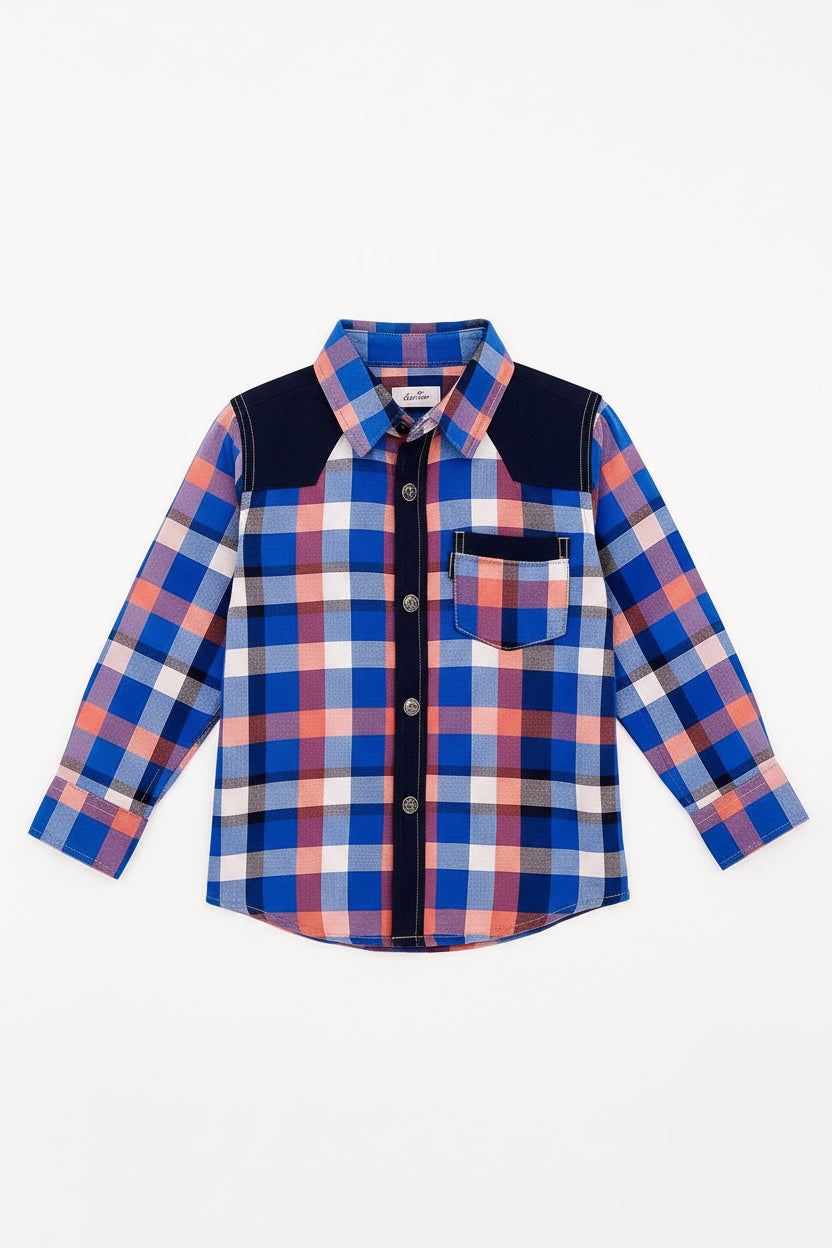 Boys’ Checkered Multi-Color Long Sleeve Button Up Shirt Plaid Contrast Shoulders | Sizes 2-12Years | MH