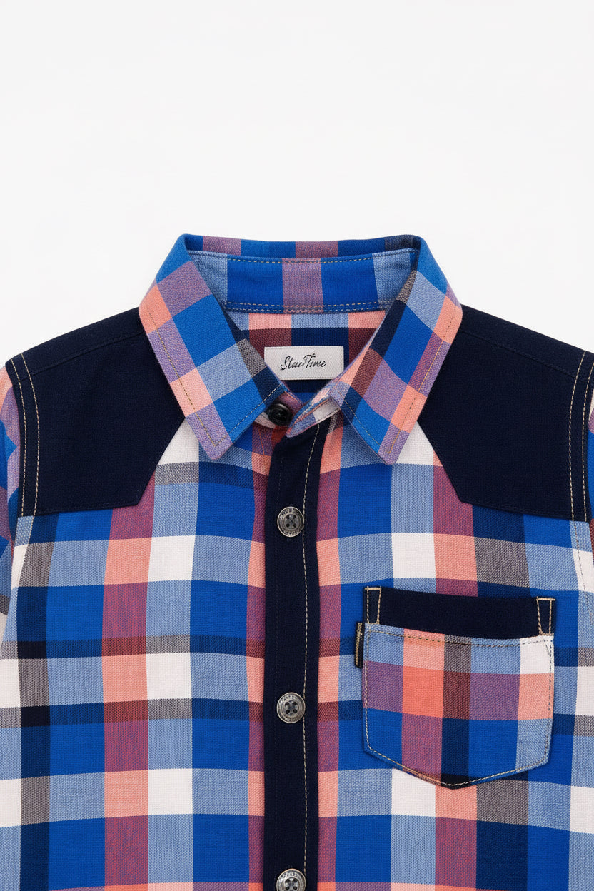 Boys’ Checkered Multi-Color Long Sleeve Button Up Shirt Plaid Contrast Shoulders | Sizes 2-12Years | MH