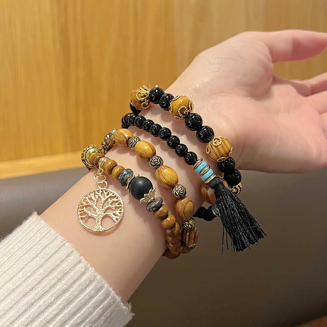 4pcs/set Tree Of Life Pendant Multilayer Beaded Bracelet Round Bead Wooden Bead Bracelet Bohemian Ethnic Jewelry Accessories Handmade -A Stylish Accessory, Father's Day Gift