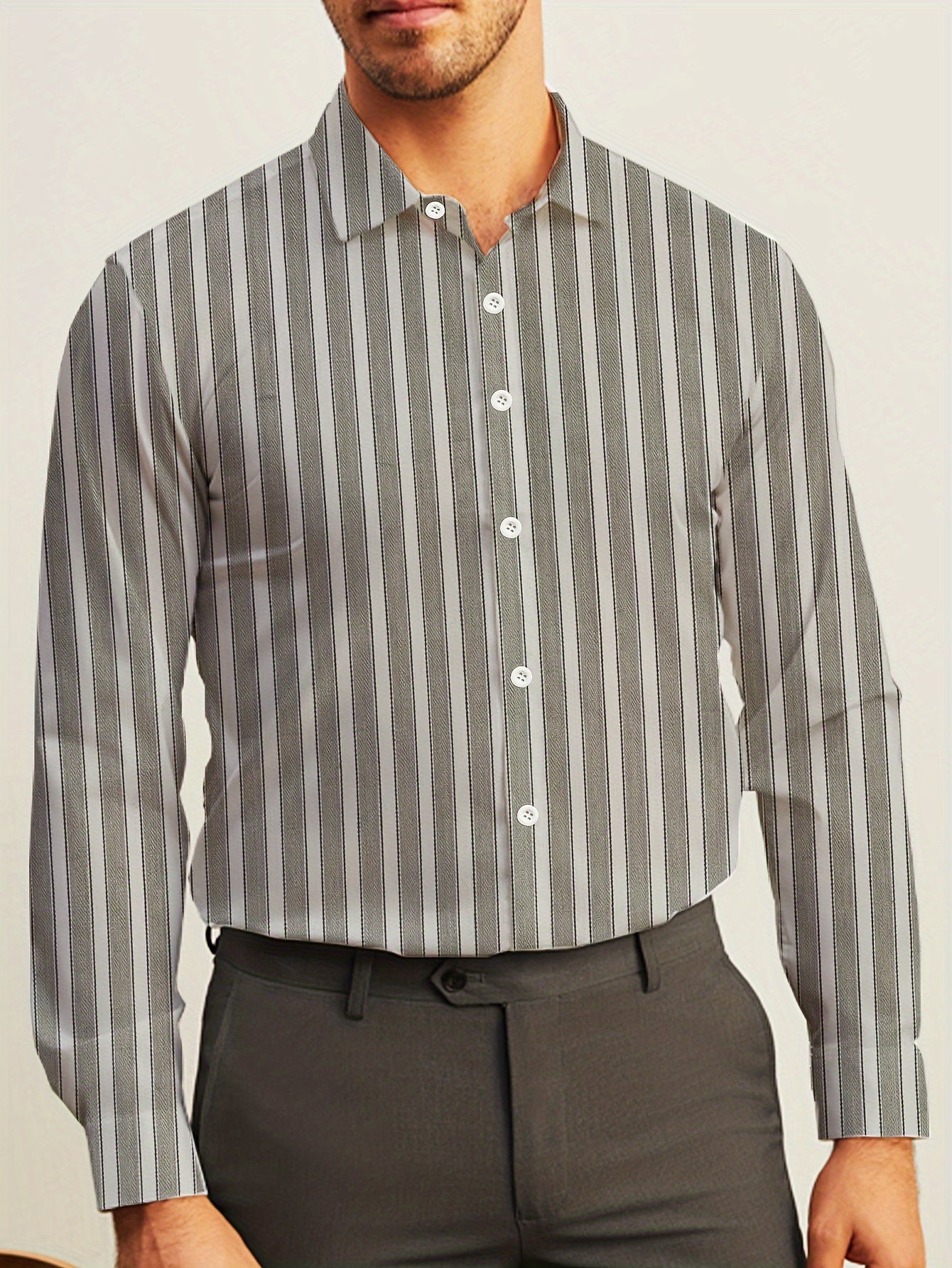 Men's Striped Lapel Collar Dress Shirts, Long Sleeve .