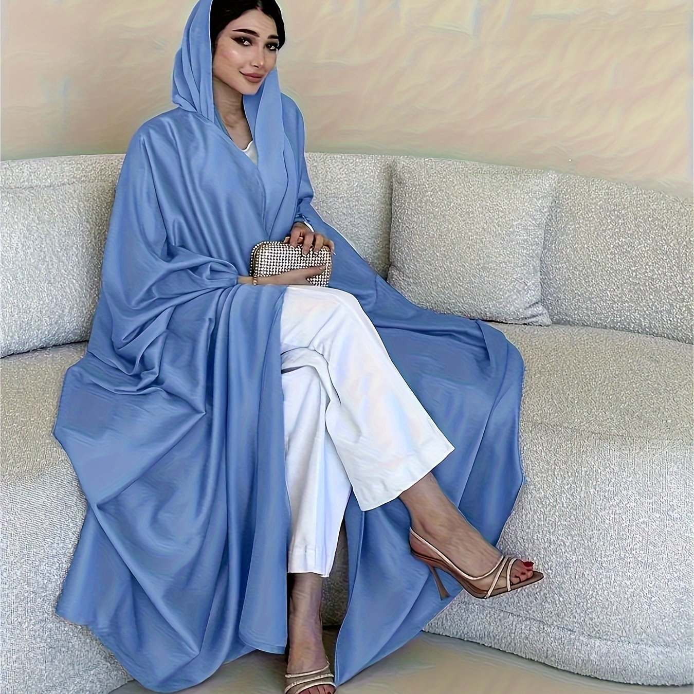 Open Front Hoodie Kaftan Dress, Elegant Long Batwing Sleeve Non-Stretch '/MH