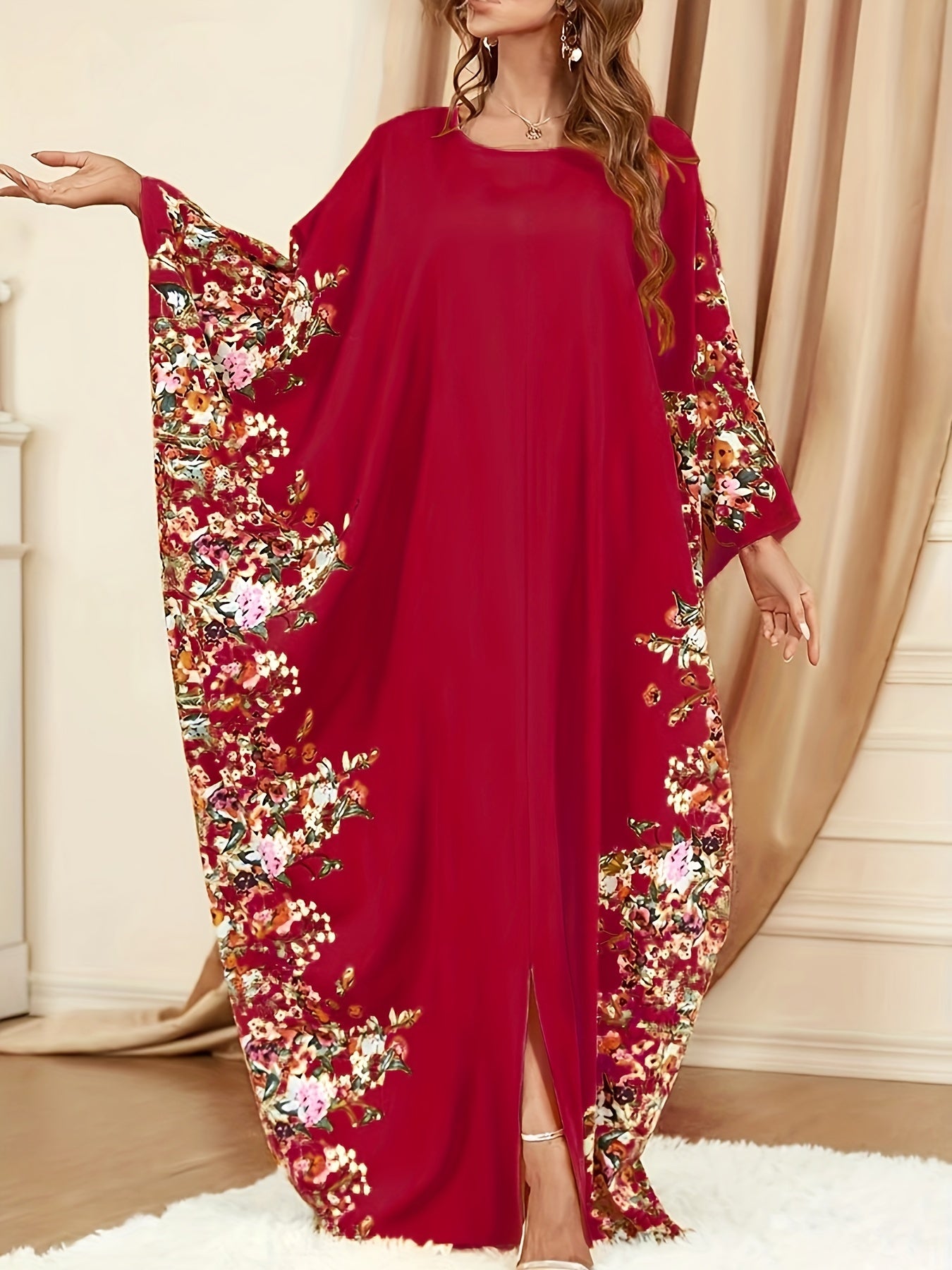 Floral Print Crew Neck Kaftan, Elegant Batwing Sleeve'/MH