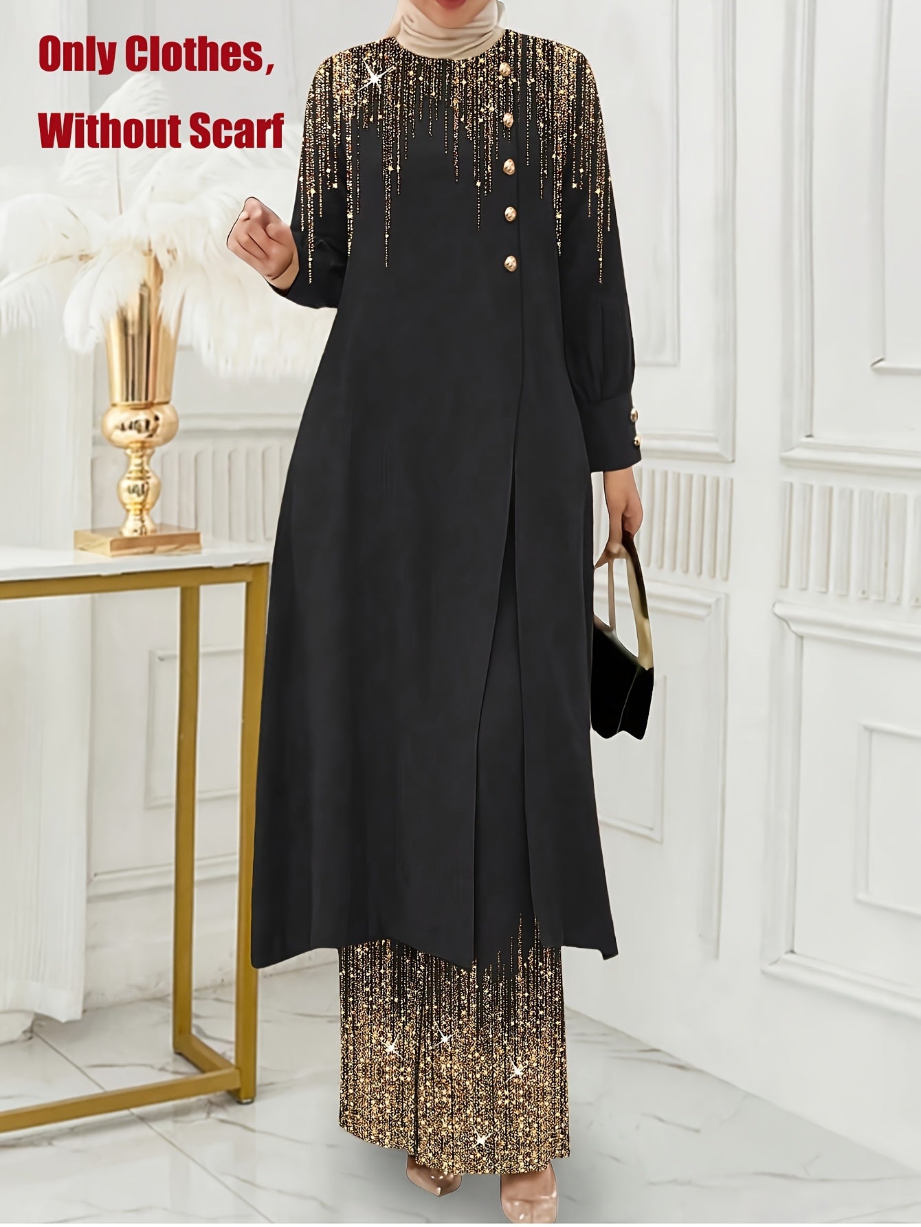 Solid Color Button Design Long Sleeve Top and Pants Set, Arabic Style,/MH