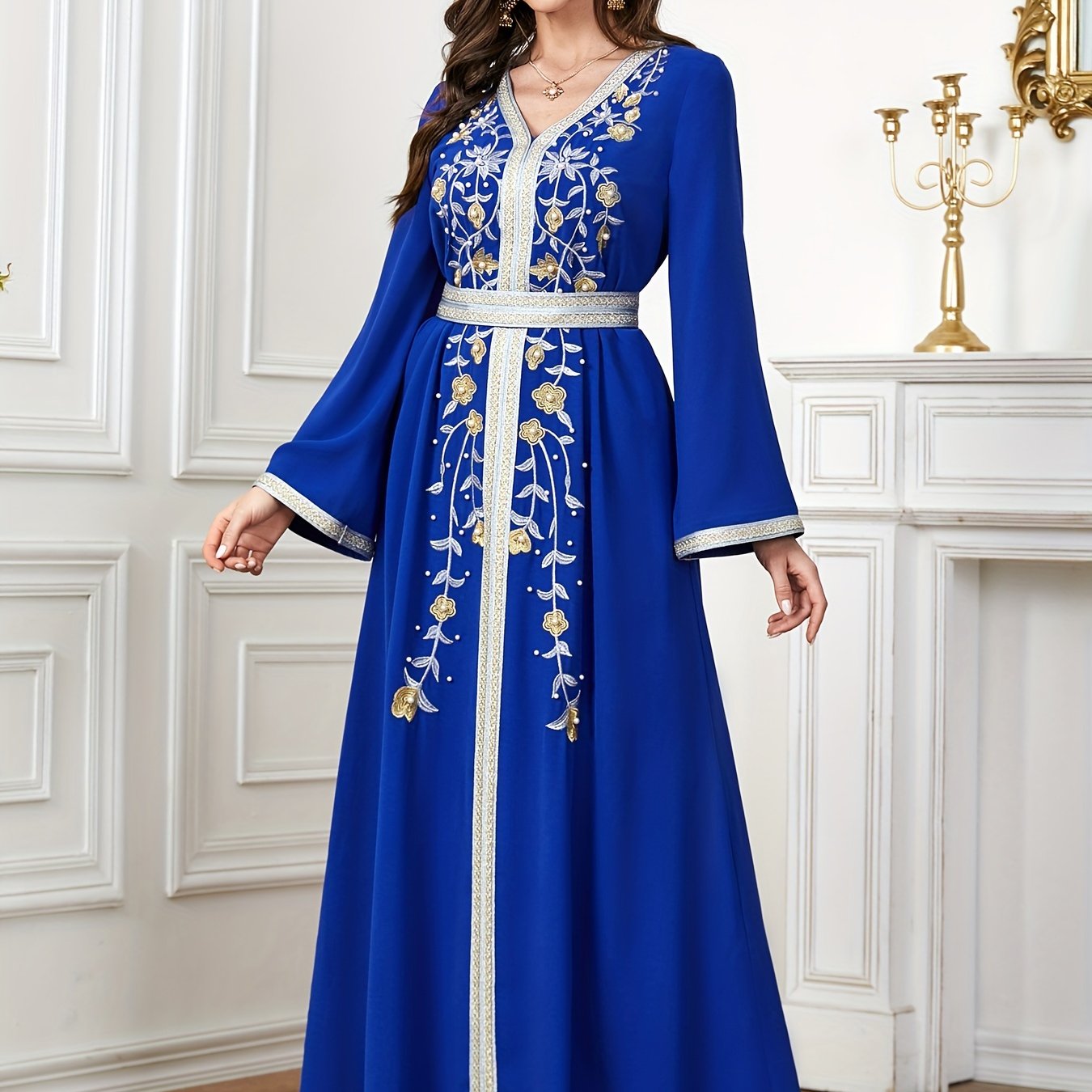 Ramadan Beaded Floral Pattern Kaftan, Elegant Long Sleeve 'MH