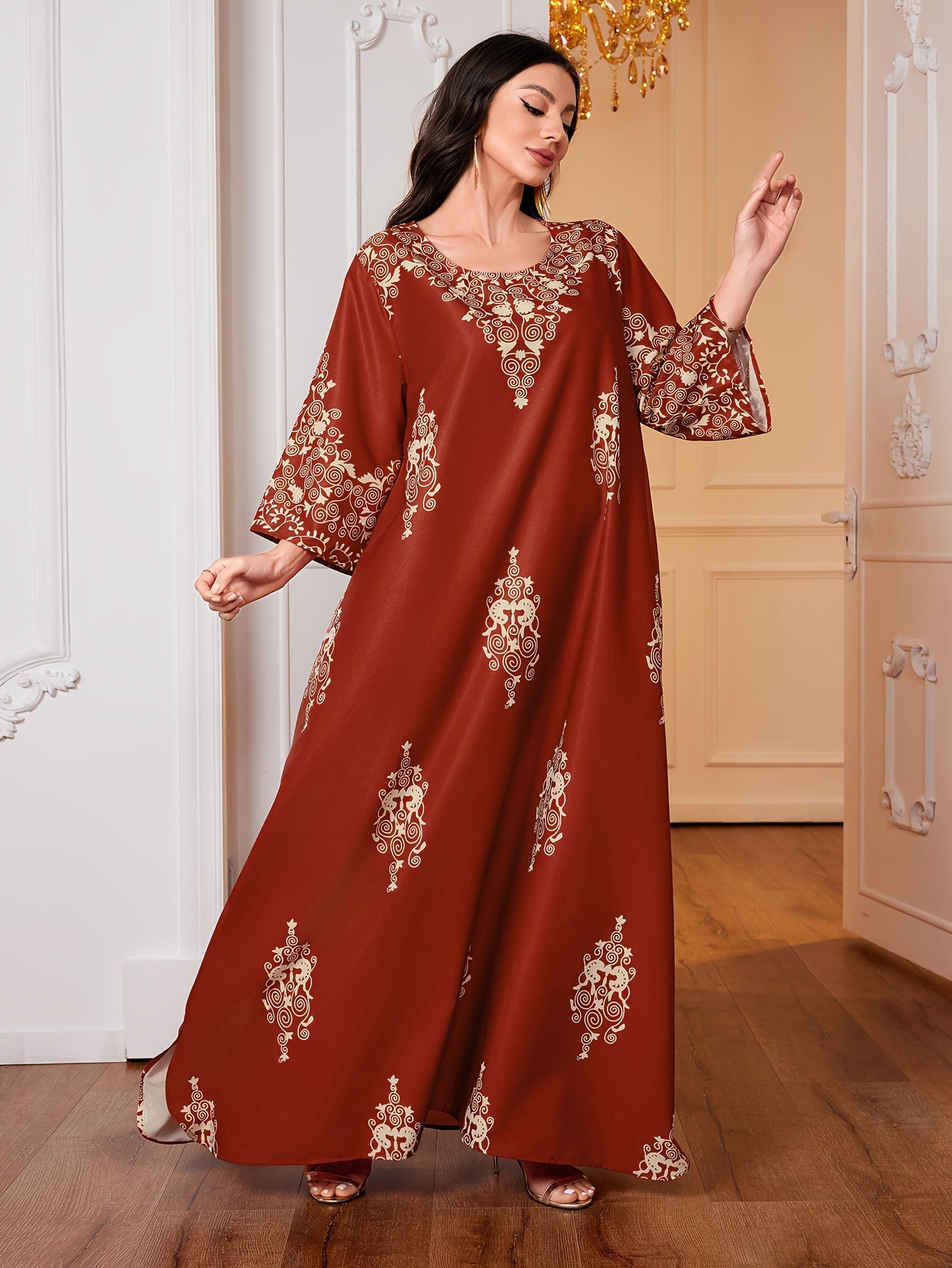 Ramadan Ethnic Floral Print Crew Neck Kaftan Dress, /MH