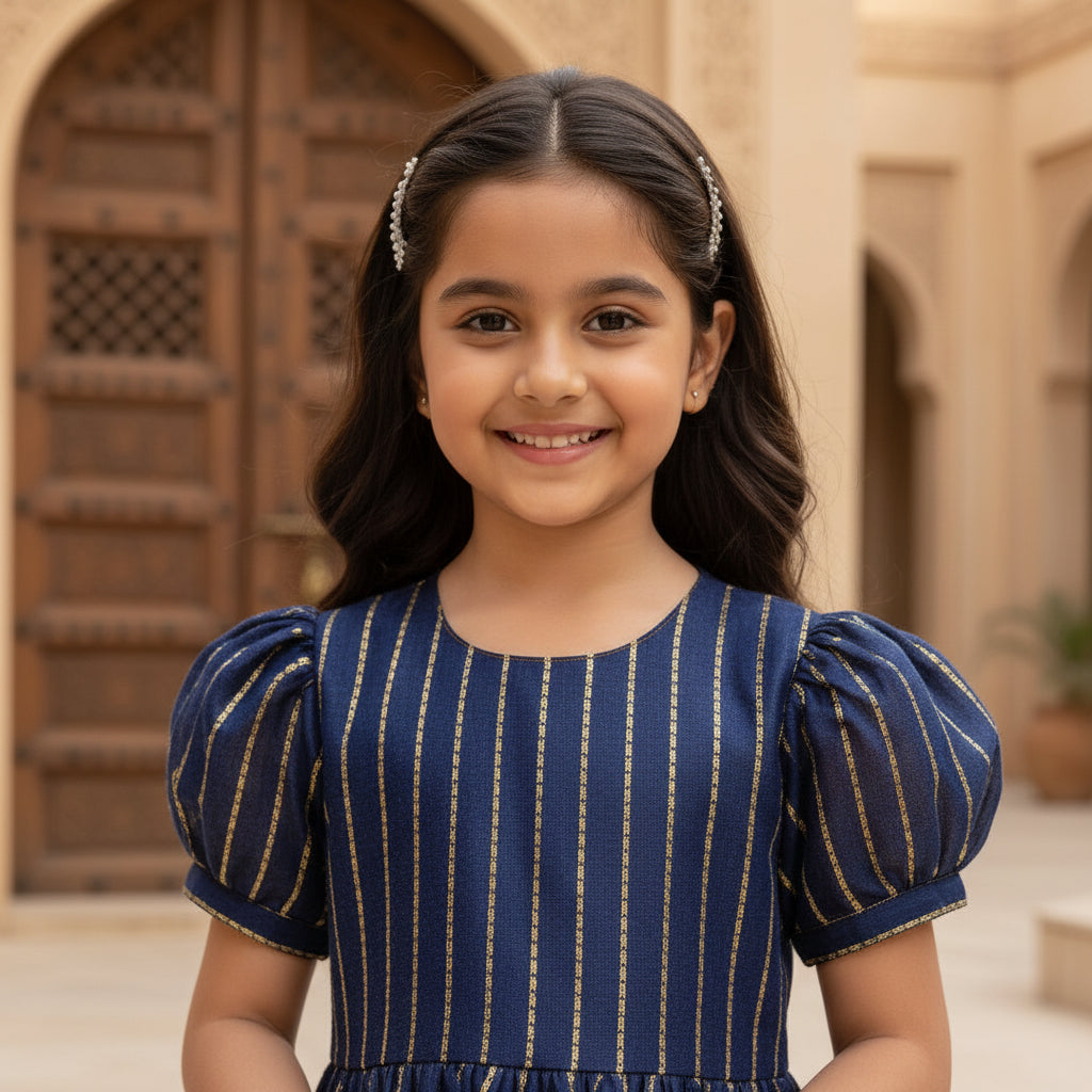 Modest Blue Arabic Kaftan Dress for Girls – Gold Sequin Embroidery | Sizes 8, 10, 12 Years | MH