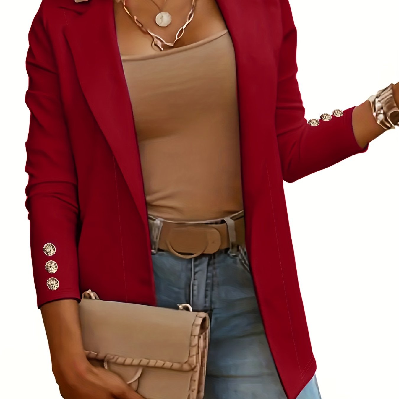 Solid Open Front Lapel Blazer, Elegant Button Decor Long Sleeve Blazer.
