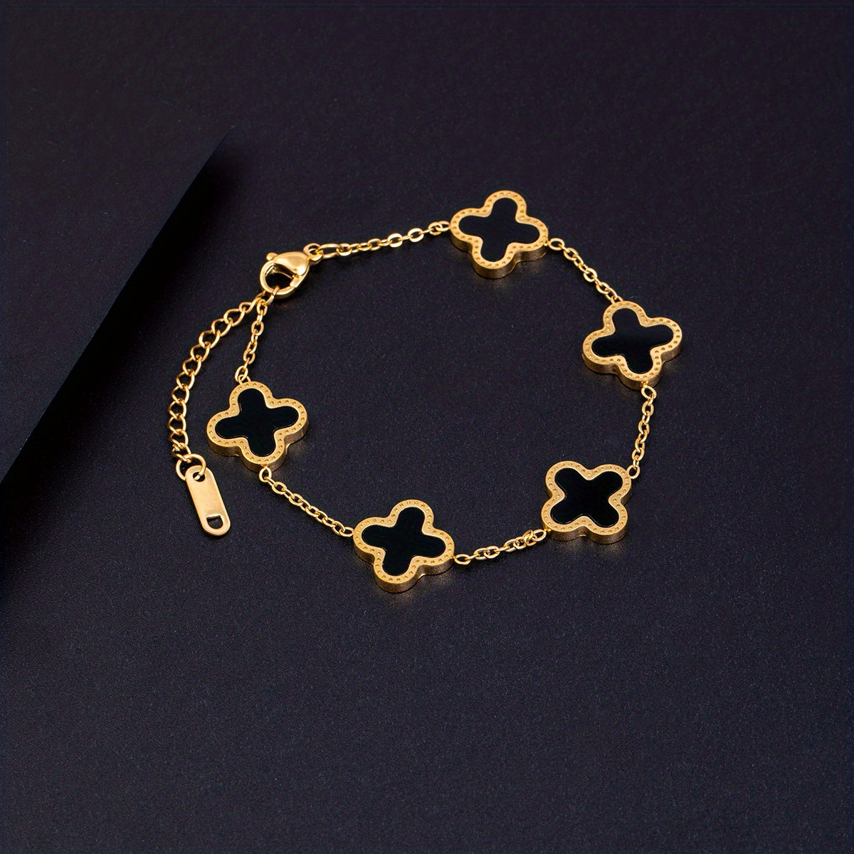 Elegant Classic Versatile Black Four-Leaf Clover Bracelet, 18k Golden Plated, Ideal Choice For Gift