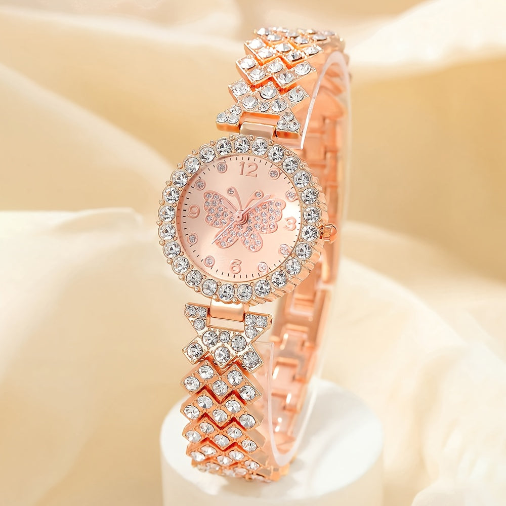 2pcs/set Elegant Butterfly Quartz Watch Luxury Fashion Stainless Steel Band Wrist Watch & Bracelet, Gifts For Women Her