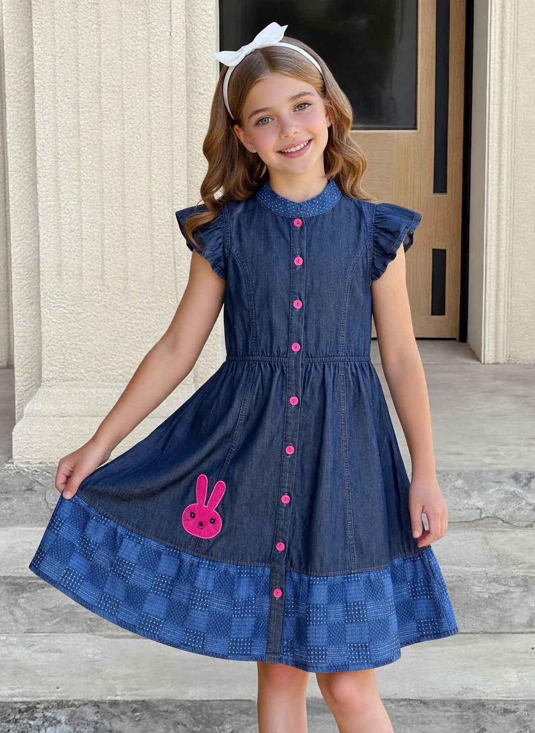 Girls Navy Blue Cap Sleeve Shirt Dress with Button Front & Cute Bunny Patch (2–12 Years)
