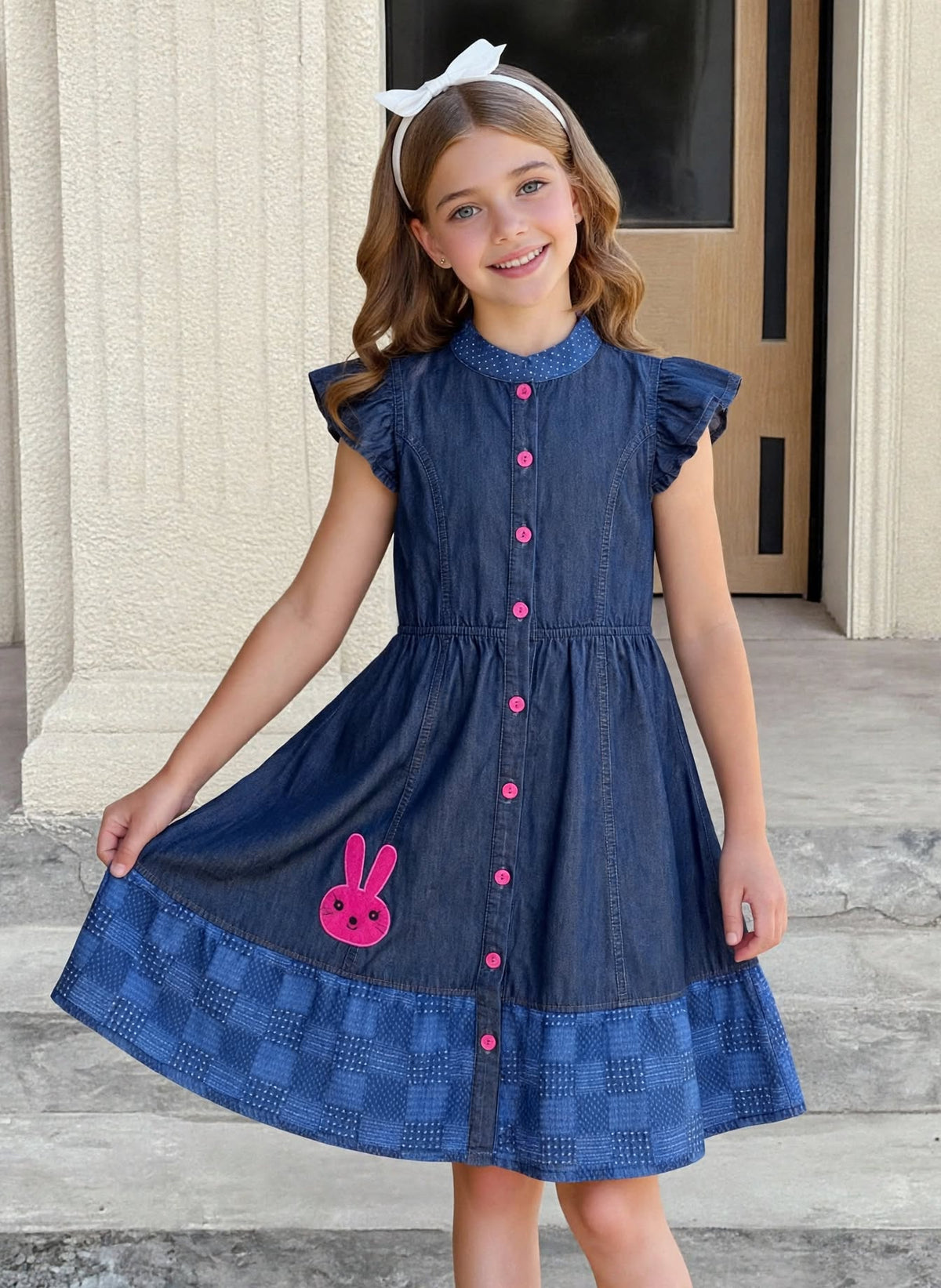 Girls Navy Blue Cap Sleeve Shirt Dress with Button Front & Cute Bunny Patch (2–12 Years)