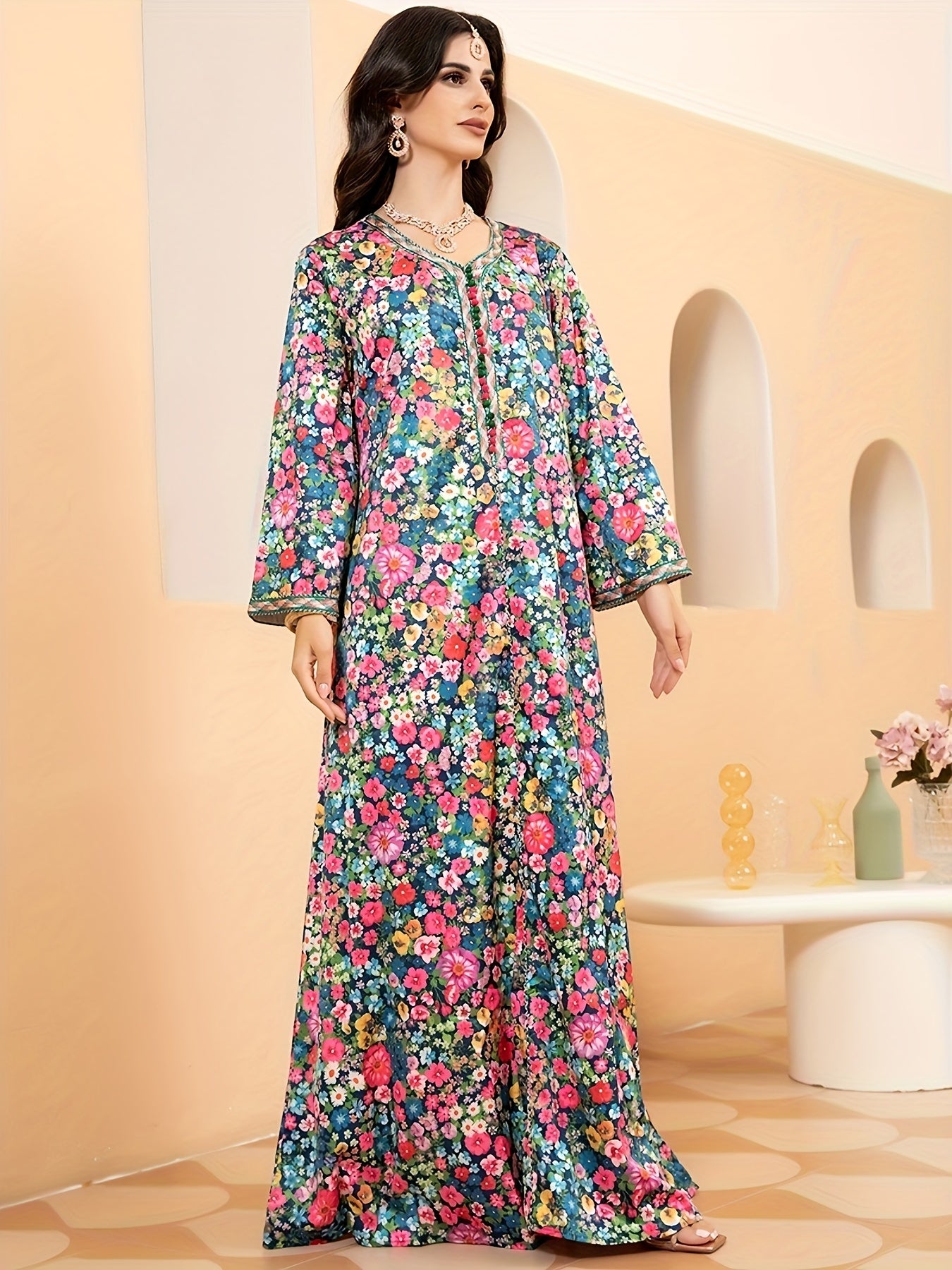 Floral Print V Neck Kaftan, Elegant Long Sleeve Maxi Dress, / MH