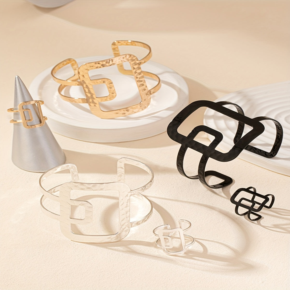 Elegant Accessory, Chic Geometric Open Cuff & Ring Set for Women -