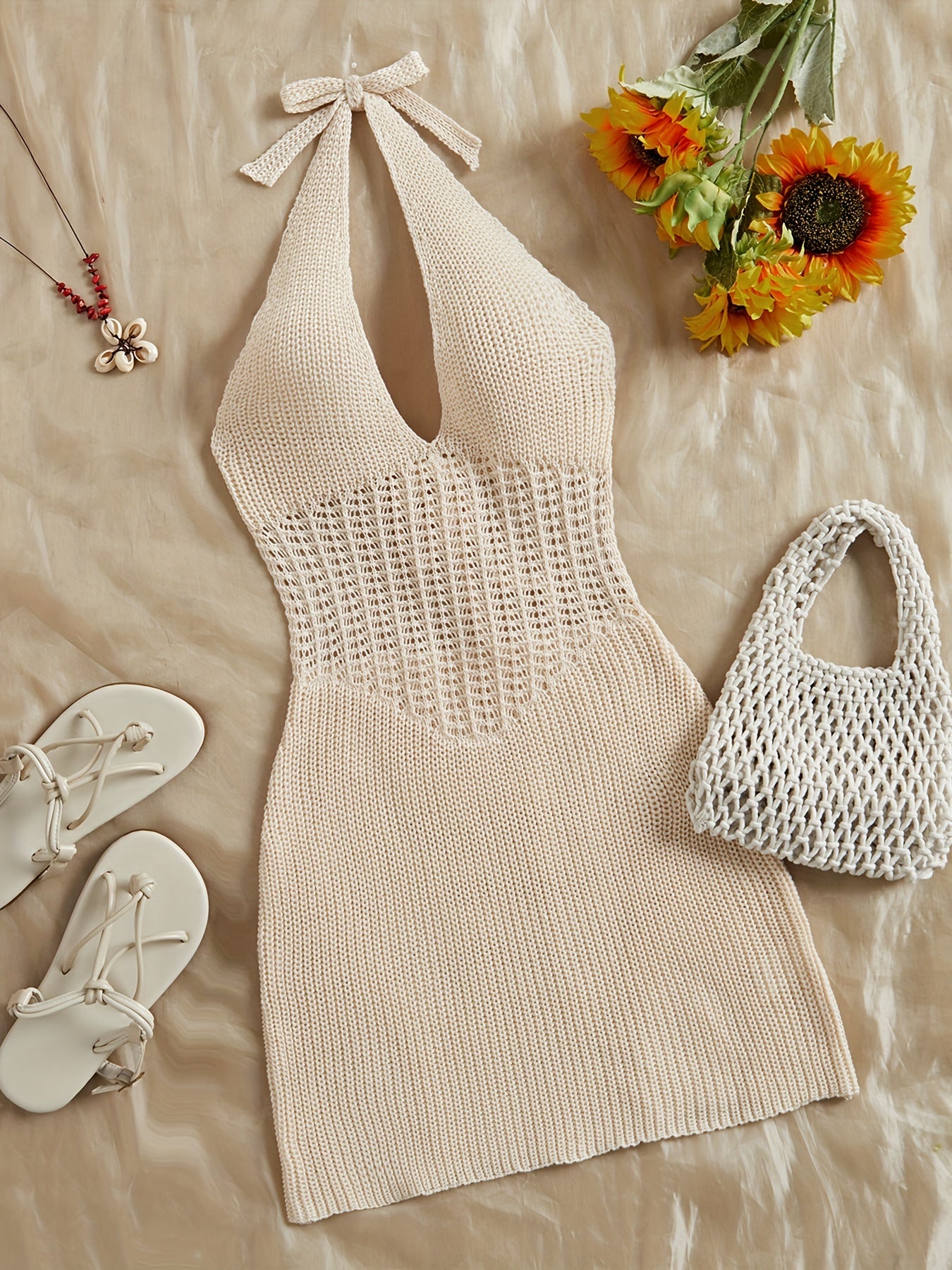 Stylish Vacay Knit Cover Up Dress - Rash Guard Shirts for Women with Halter Tie Neck and Backless Design, Swimwear and Beachwear Clothing for Summer Vacation